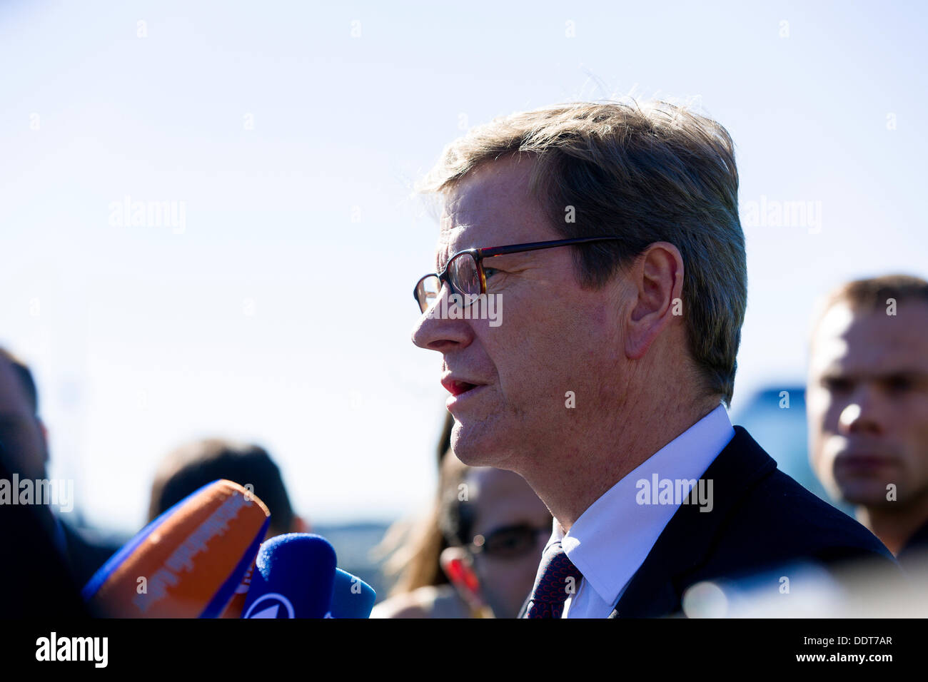 German Minister for foreign affairs Guido Westerwelle talks to media prior an informal EU foreign affairs Ministers meeting in Vilnius, Lithuania, September 6, 2013. Photo: Thierry Monasse Stock Photo