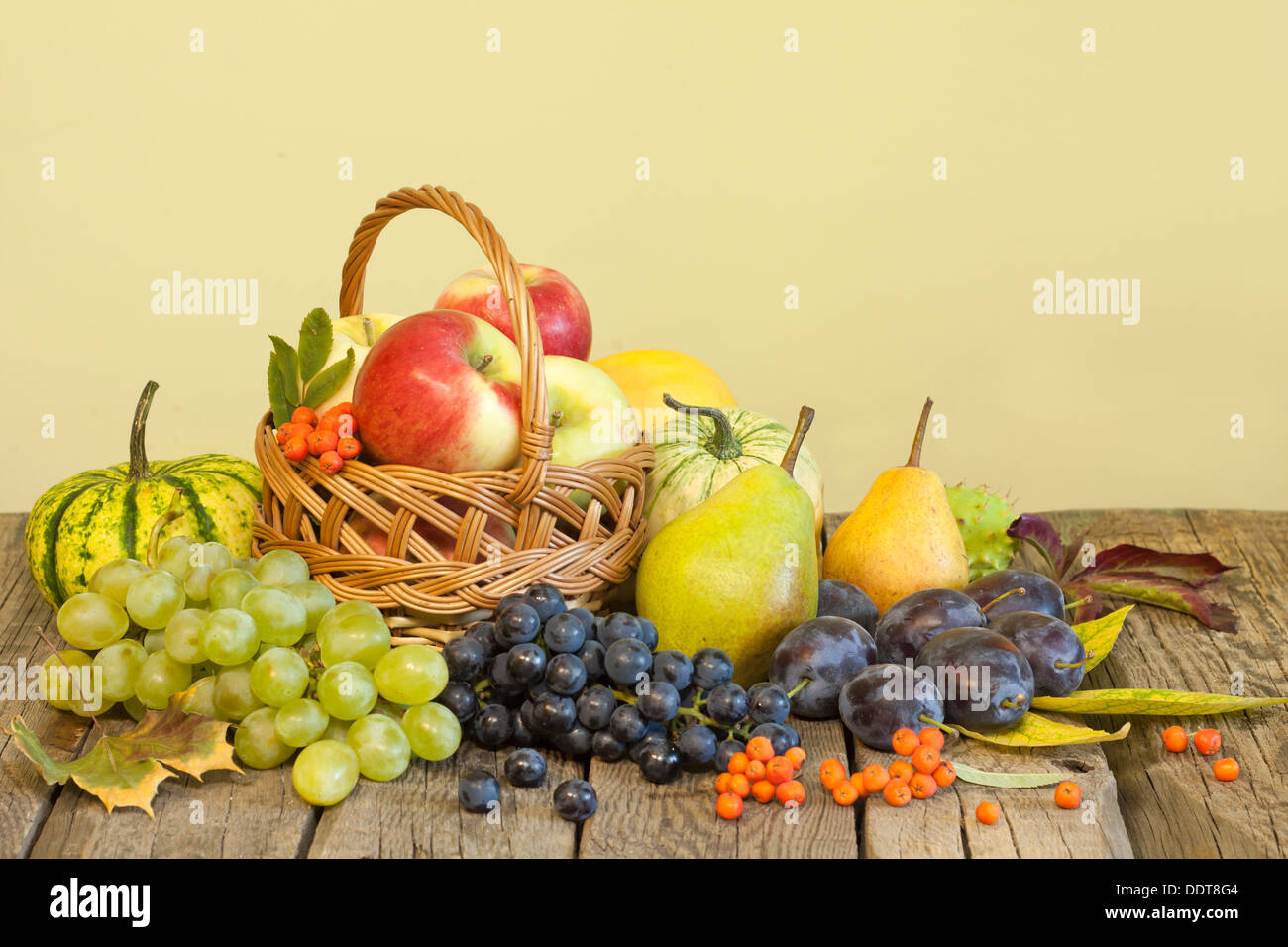Fruits and vegetables in autumn season on vintage wooden boards Stock ...