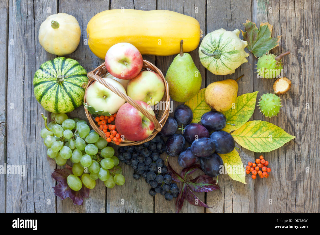 Fruits and vegetables in autumn season on vintage wooden boards Stock ...