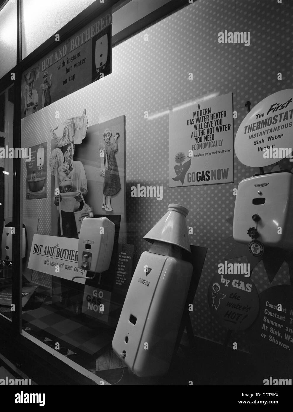 Gas water heaters display, East Midlands Gas Board showroom, Rotherham, South Yorkshire, 1961. Artist: Michael Walters Stock Photo