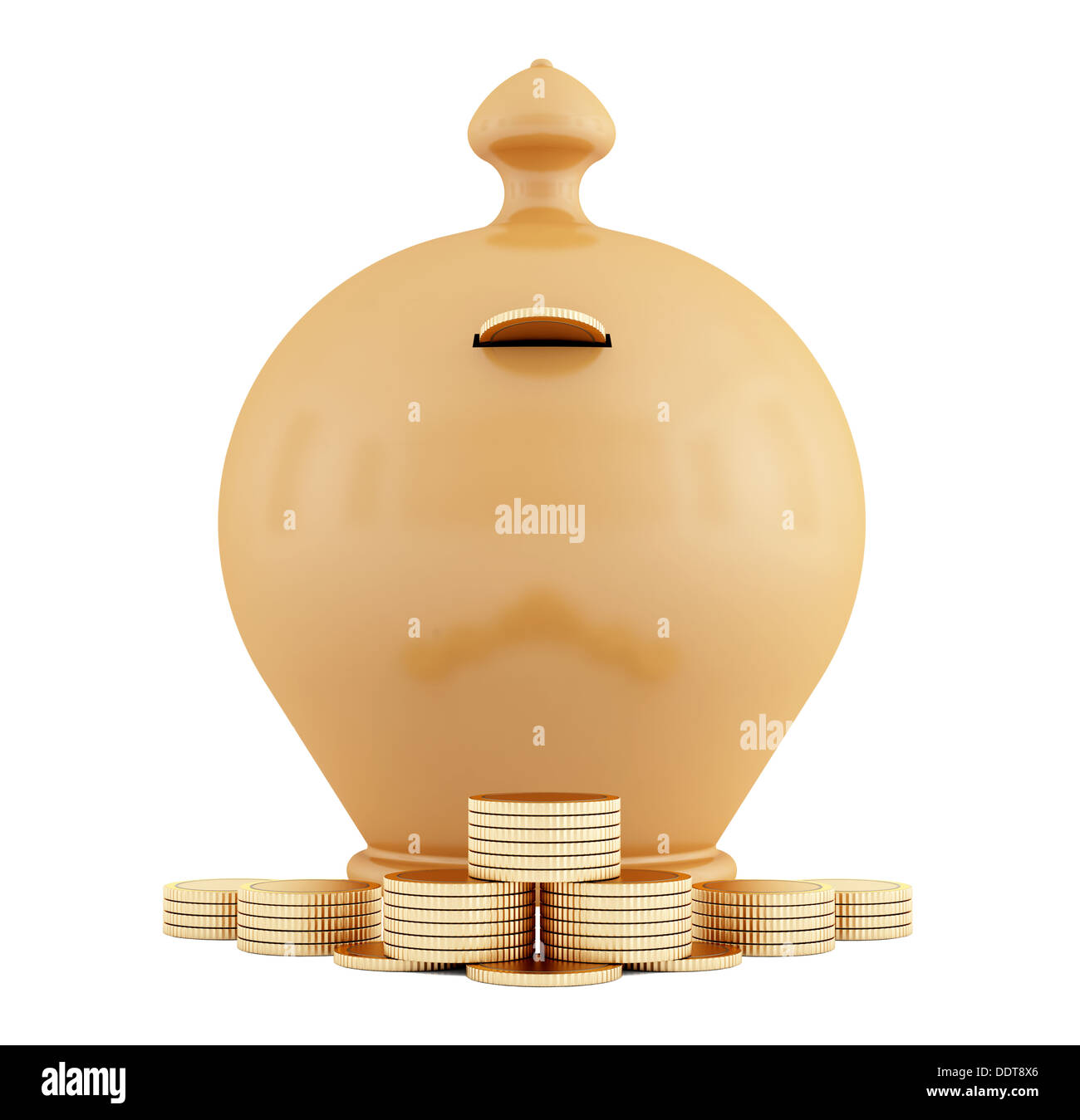 Clay piggy bank behind golden coins isolated on white - rendering Stock ...