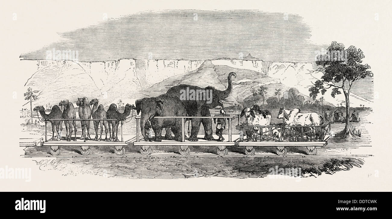RAILWAY FROM CALCUTTA TO DELHI: BAGGAGE TRAIN PASSING THE FORTRESS OF RHOTAS, INDIA, 1851 engraving Stock Photo