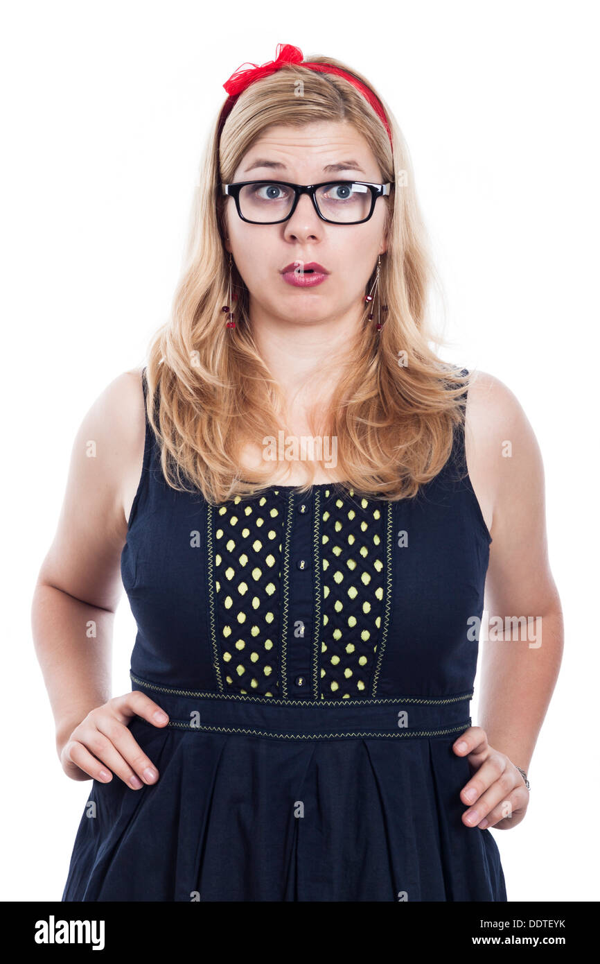Surprised woman wearing dress and eyeglasses, isolated on white