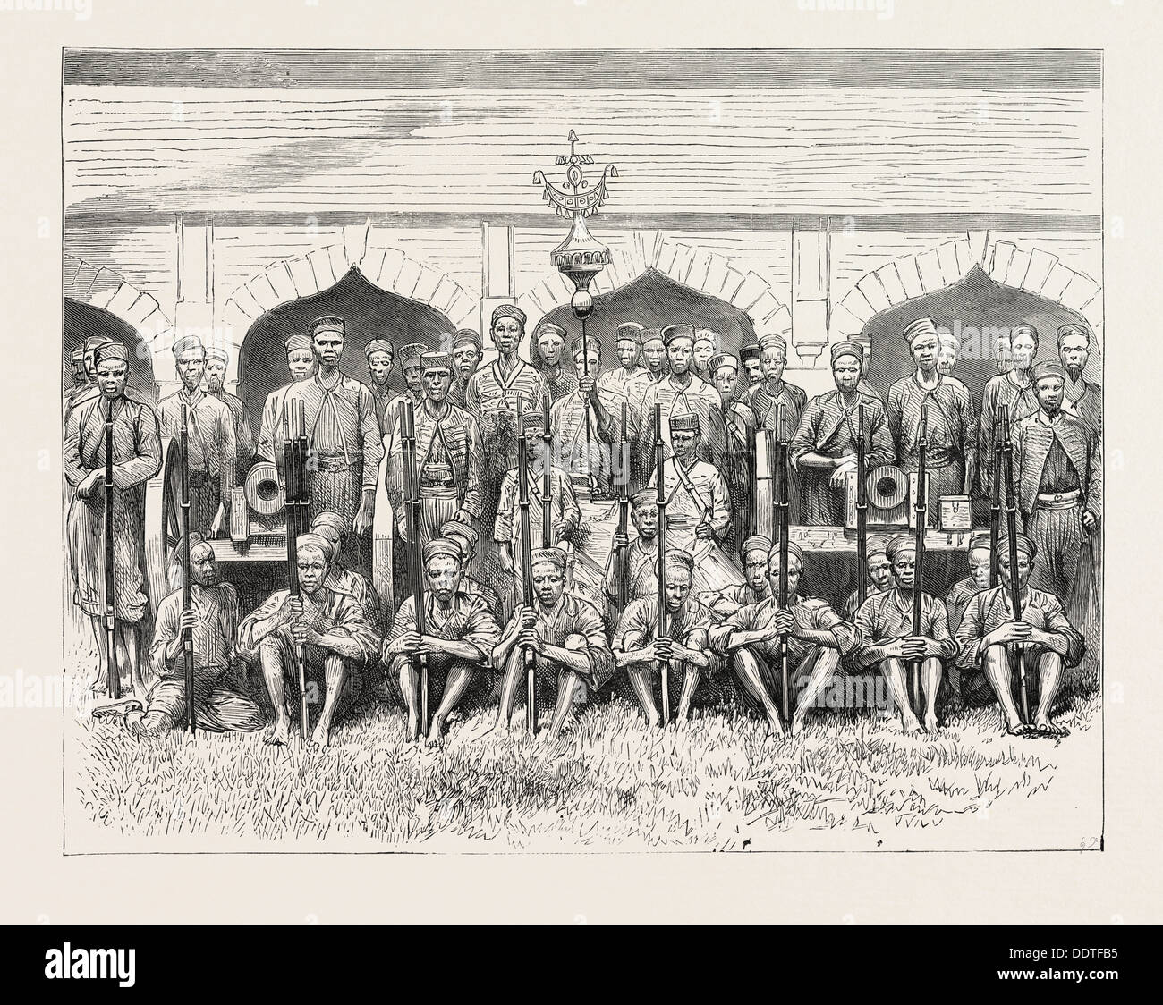 THE ASHANTEE WAR: HOUSSA TROOPS TRAINED AT LAGOS, ANGLO ASHANTI WAR, GHANA, 1873 engraving Stock Photo