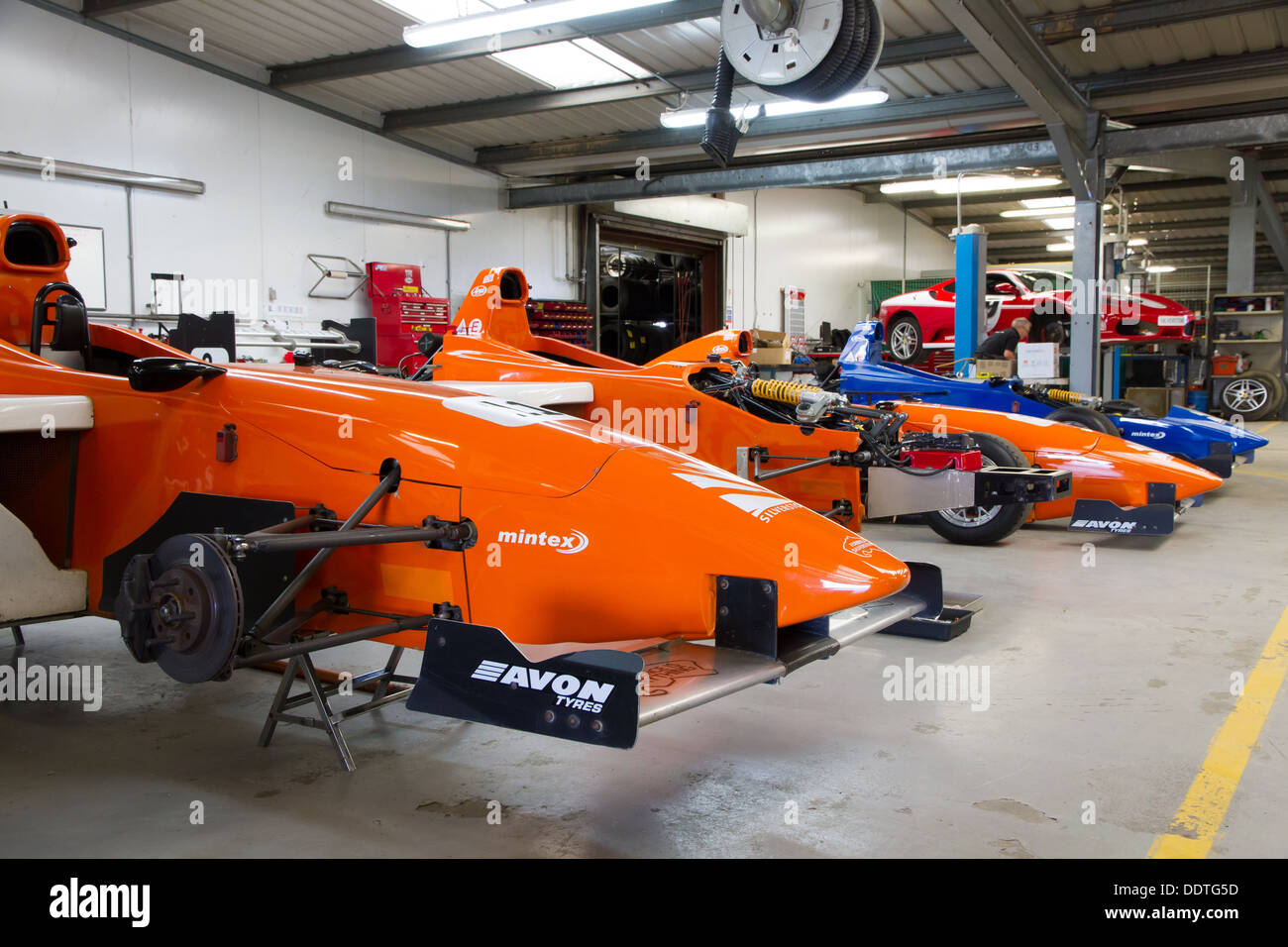 Formula Silverstone single seater racing cars in the garage, used for driving experiences at Silverstone Racing Circuit. Stock Photo