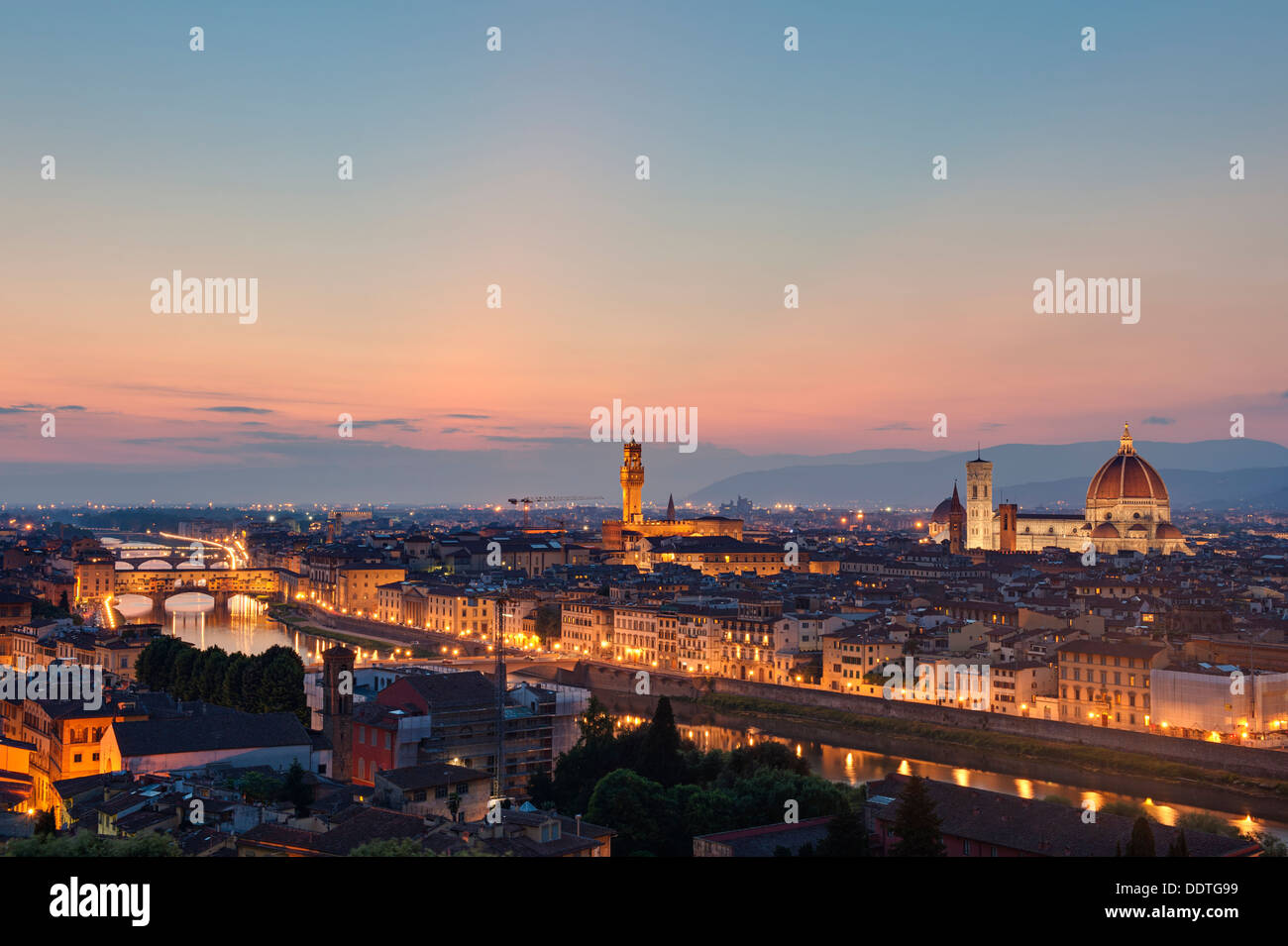 Skyline of Florence Italy at dusk Stock Photo