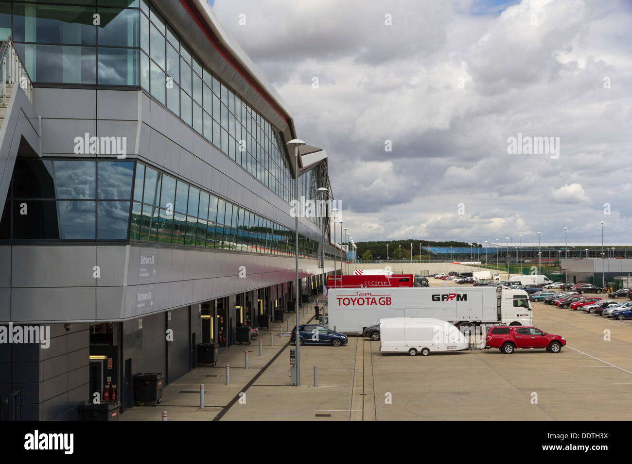 The rear of the pit garages at Silverstone Racing Circuit, Northamptonshire. Stock Photo