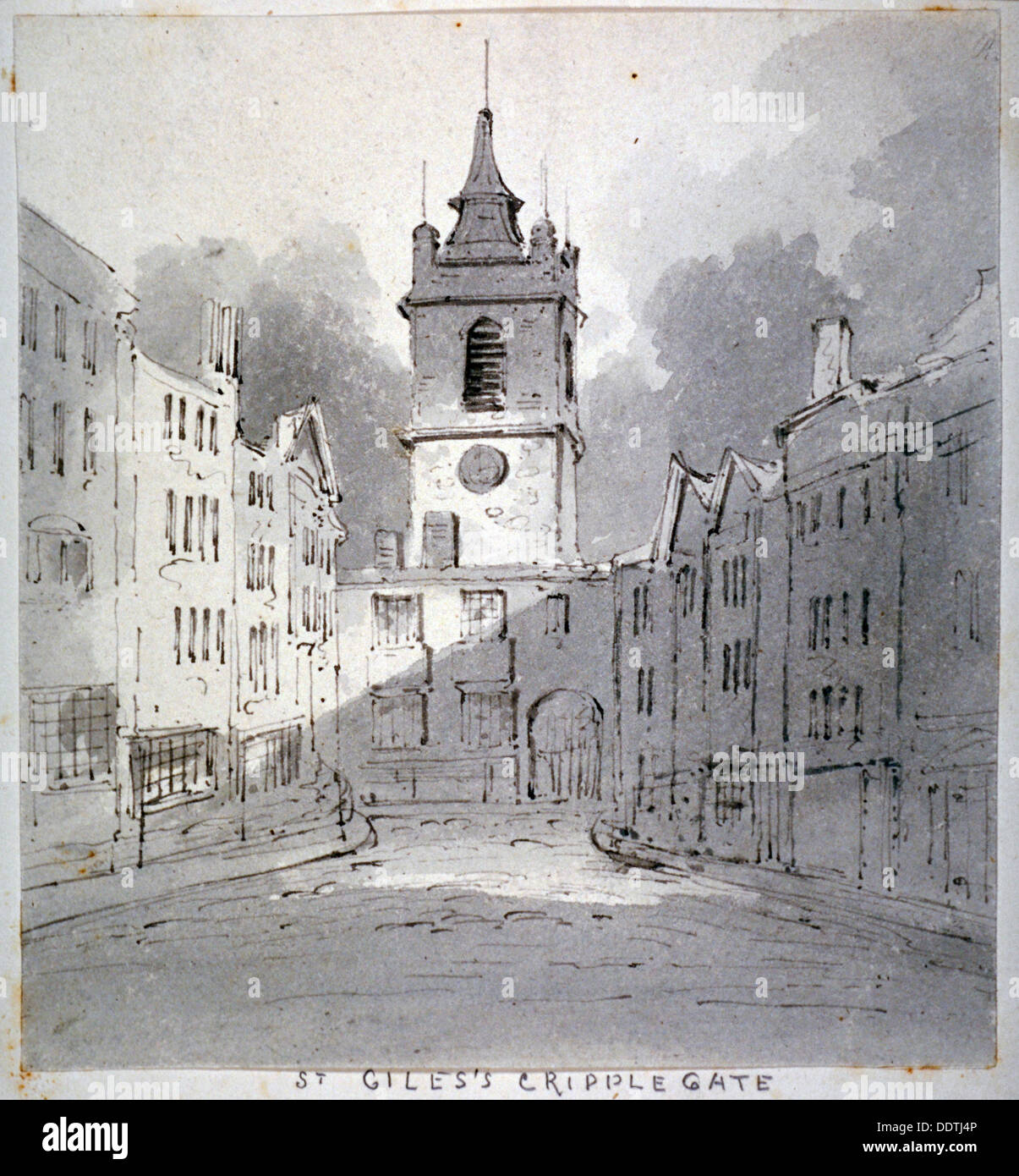 Church of St Giles without Cripplegate from Fore Street, City of London, 1790.         Artist: John Claude Nattes Stock Photo