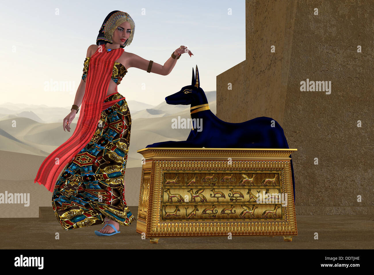 An Egyptian queen reaches out to touch the very honored god Anubis in the Old Kingdom of Egypt. Stock Photo
