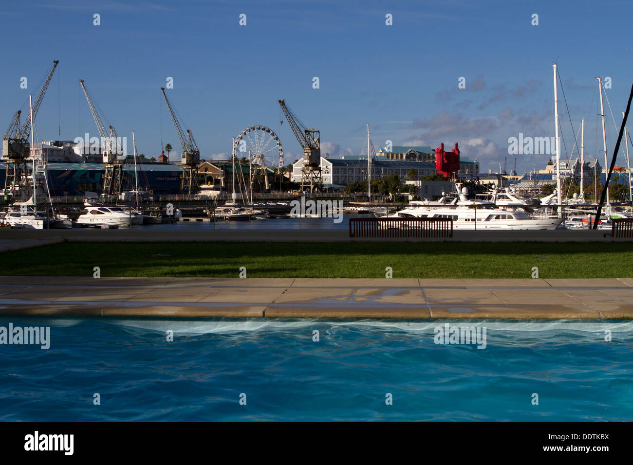 Cape Town Waterfront, seen from a swimming pool. Stock Photo