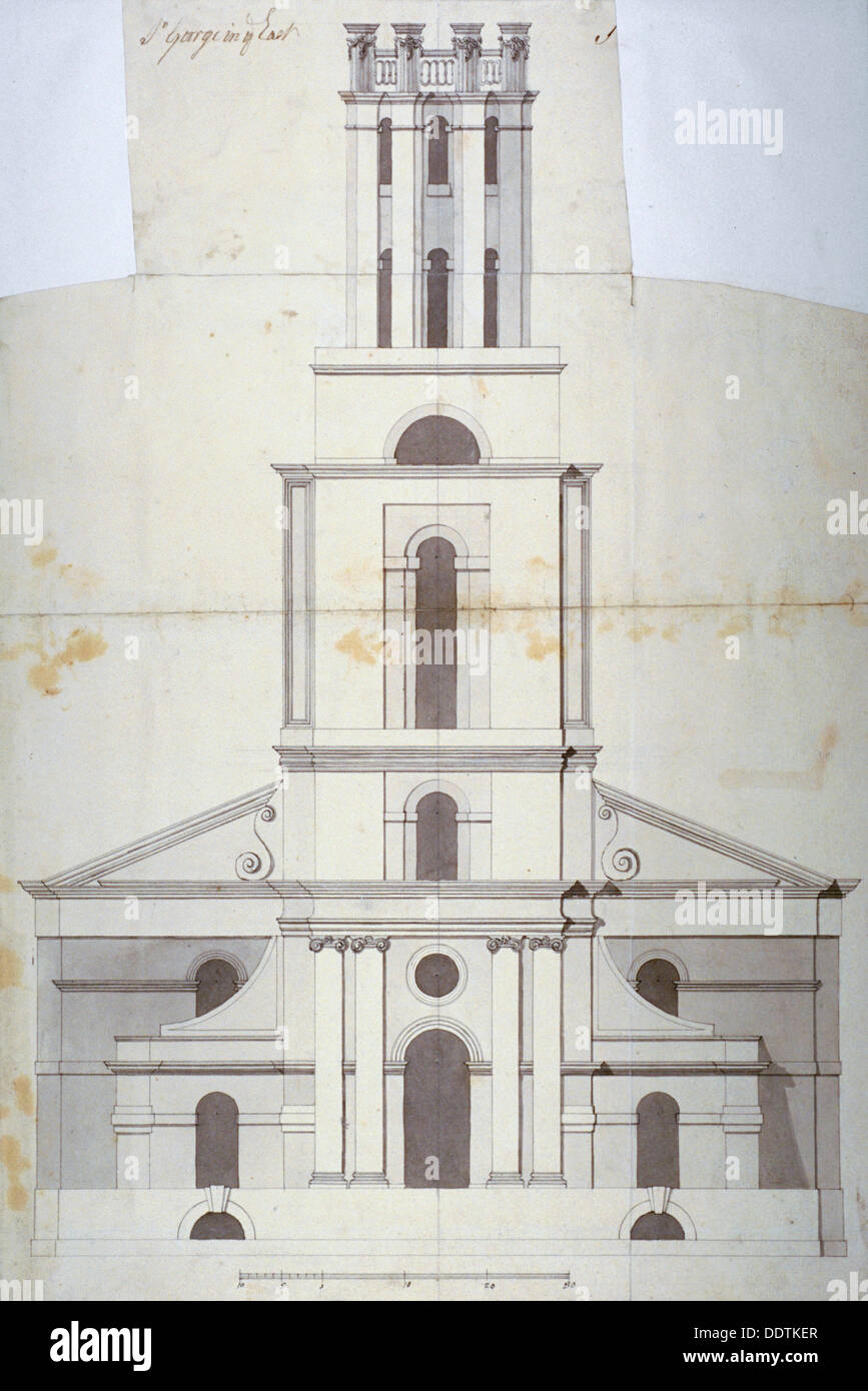 Front elevation of the Church of St George in the East, Stepney, London, 1800. Artist: Anon Stock Photo