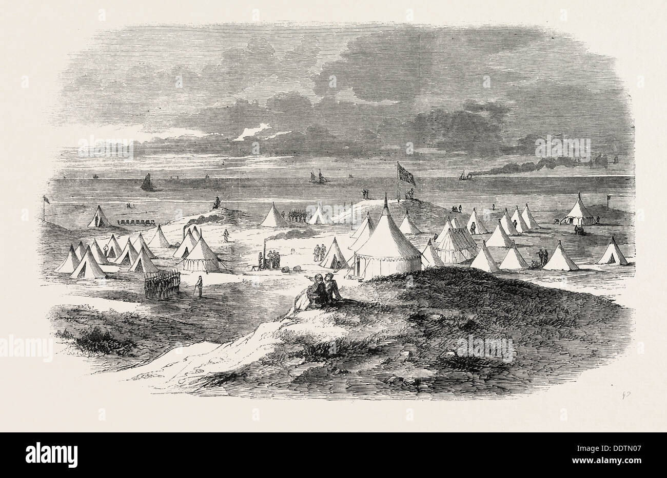 THE VOLUNTEER CAMP, ON CROSBY SANDS, NEAR LIVERPOOL, UK, 1860 engraving Stock Photo