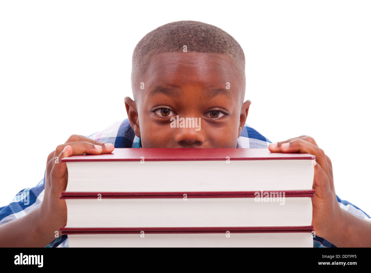 African American school boy with stack a book, isolated on white background - Black people Stock Photo