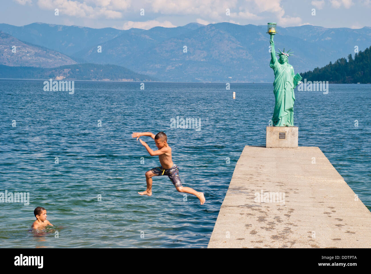 Young boys brave the chilly waters of Lake Pend Oreille, Sandpoint