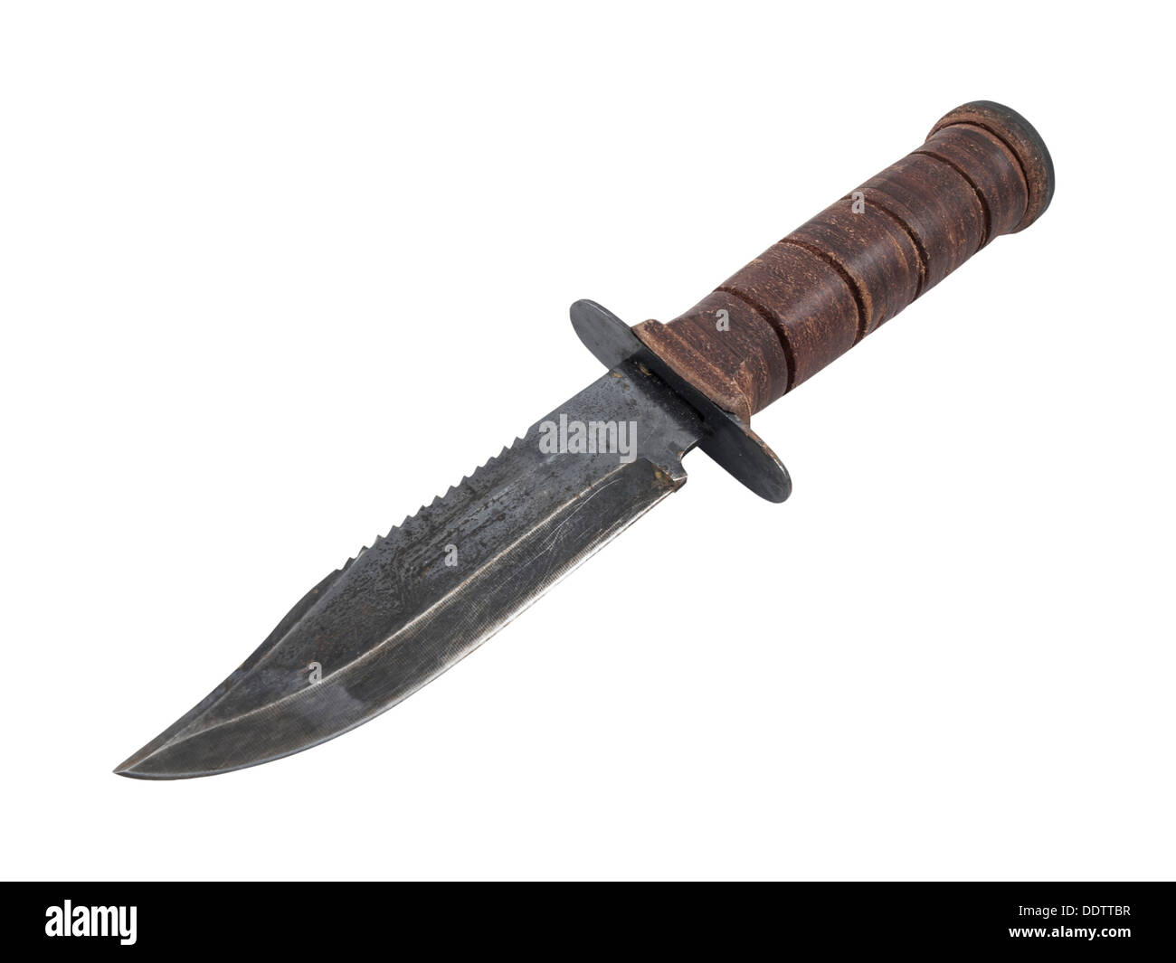 Rusty old hunting knife with leather handle isolated with clipping path. Stock Photo