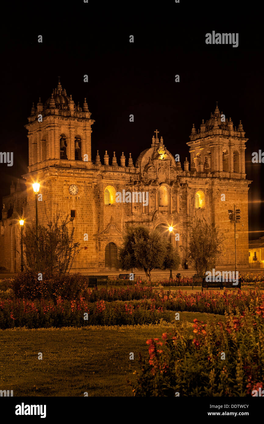 Cuzco by night Plaza de Armas with Catedral seen beyond landscaped