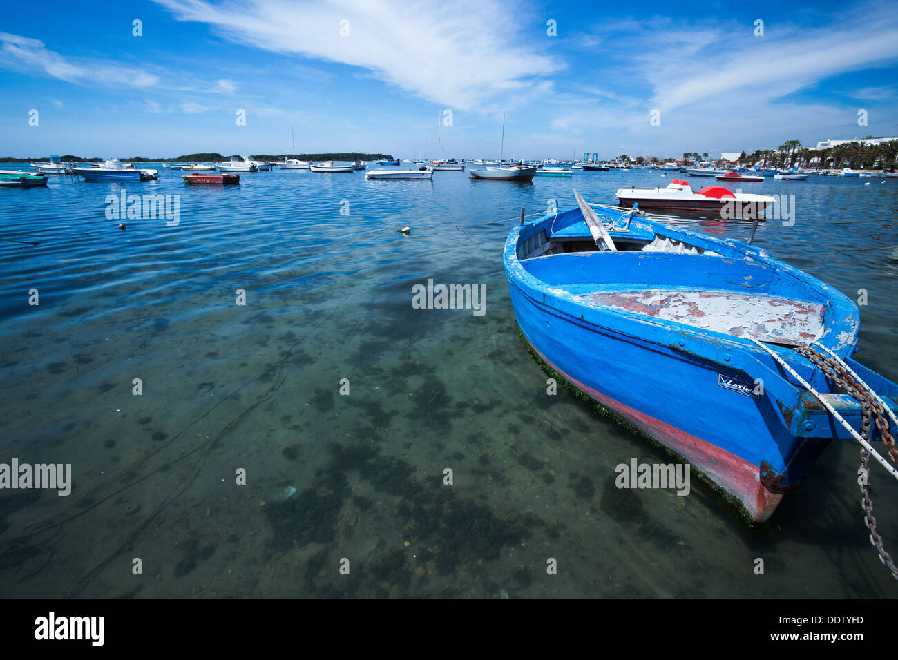 Wooden painted blue fishing boat moored in Porto Cesareo harbour, with rest of harbour in background, sunny spring morning, Sale Stock Photo