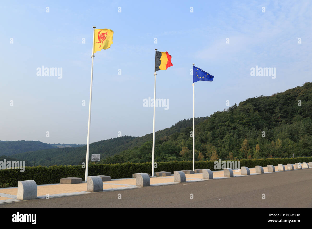 Wallonia, Belgium and europe flags all together and aligned. nobody Stock Photo