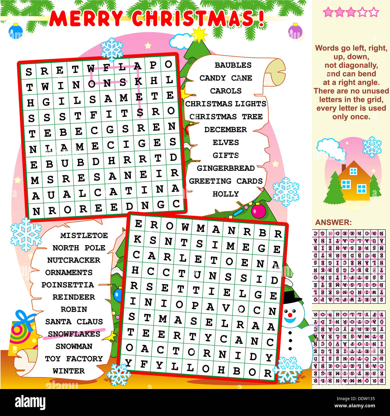 Christmas or New Year holiday themed illustrated word search puzzle. Answer included. Stock Photo