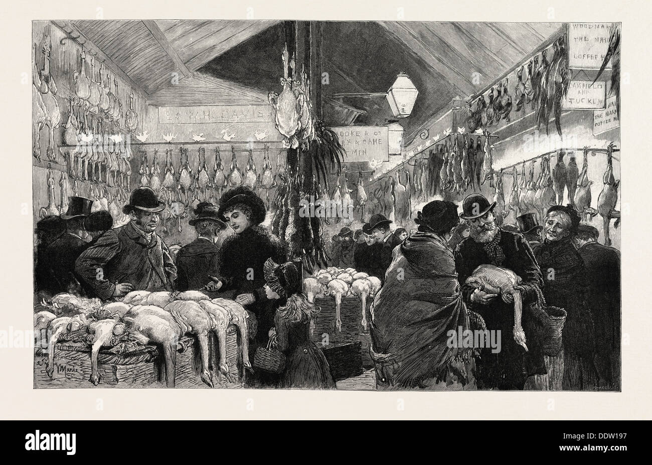 LEADENHALL MARKET AT CHRISTMAS EVE ENGRAVING 1884, a covered market in London, located on Gracechurch Street, UK, britain Stock Photo