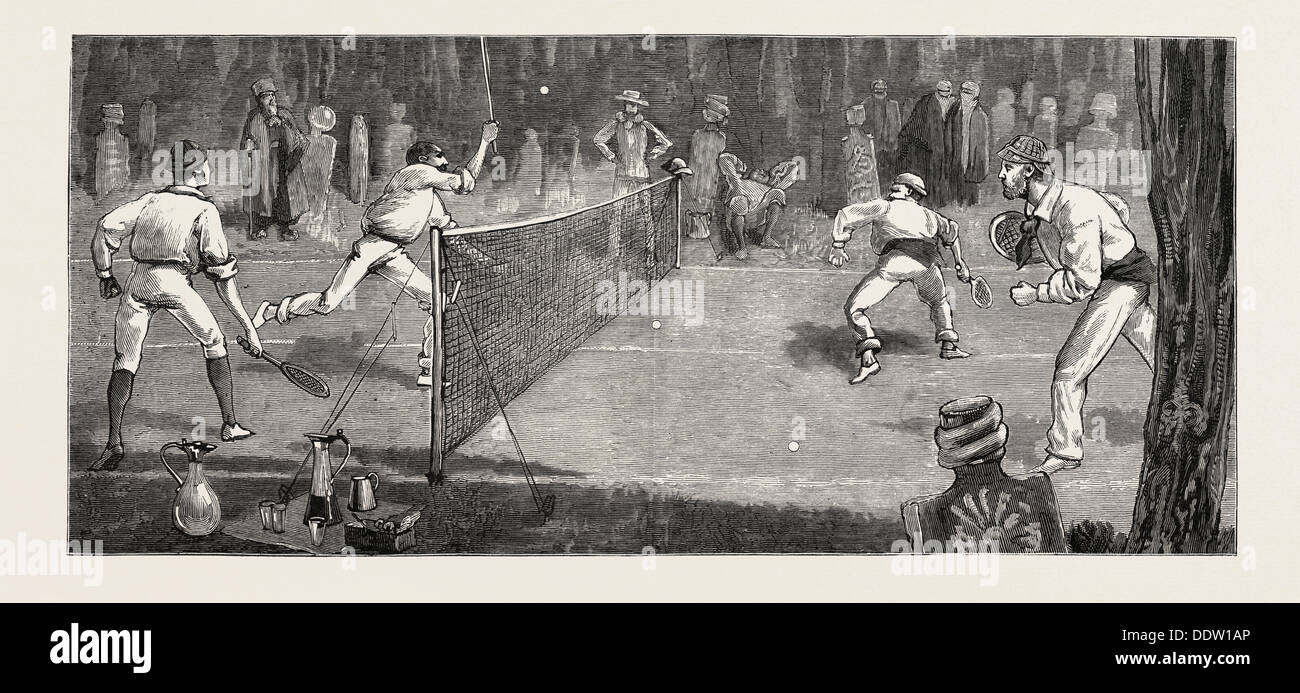 WE FIND A JOLLY PLACE IN THE CEMETERY FUR LAWN-TENNIS, engraving 1884 Stock Photo
