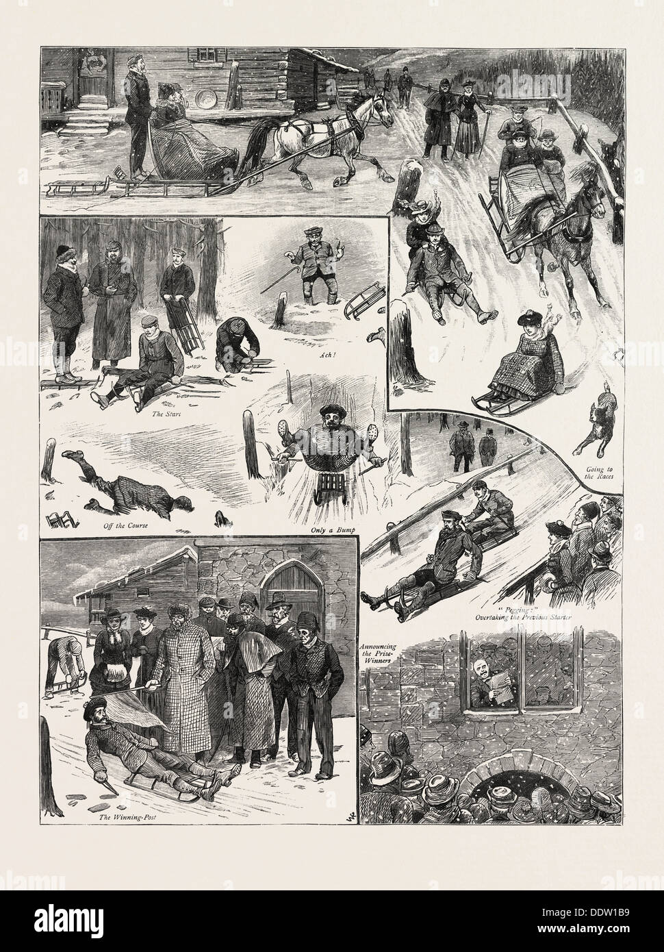 INTERNATIONAL TOBOGGAN RACES IN THE ENGADINE, SWITZERLAND, engraving