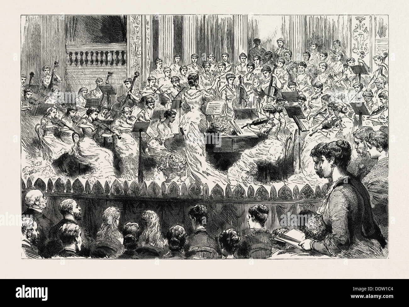 CONCERT BY VISCOUNTESS FOLKESTONE'S LADIES ORCHESTRA AT THE PRINCE'S HALL, PICCADILLY, engraving 1884, LONDON, UK, britain Stock Photo