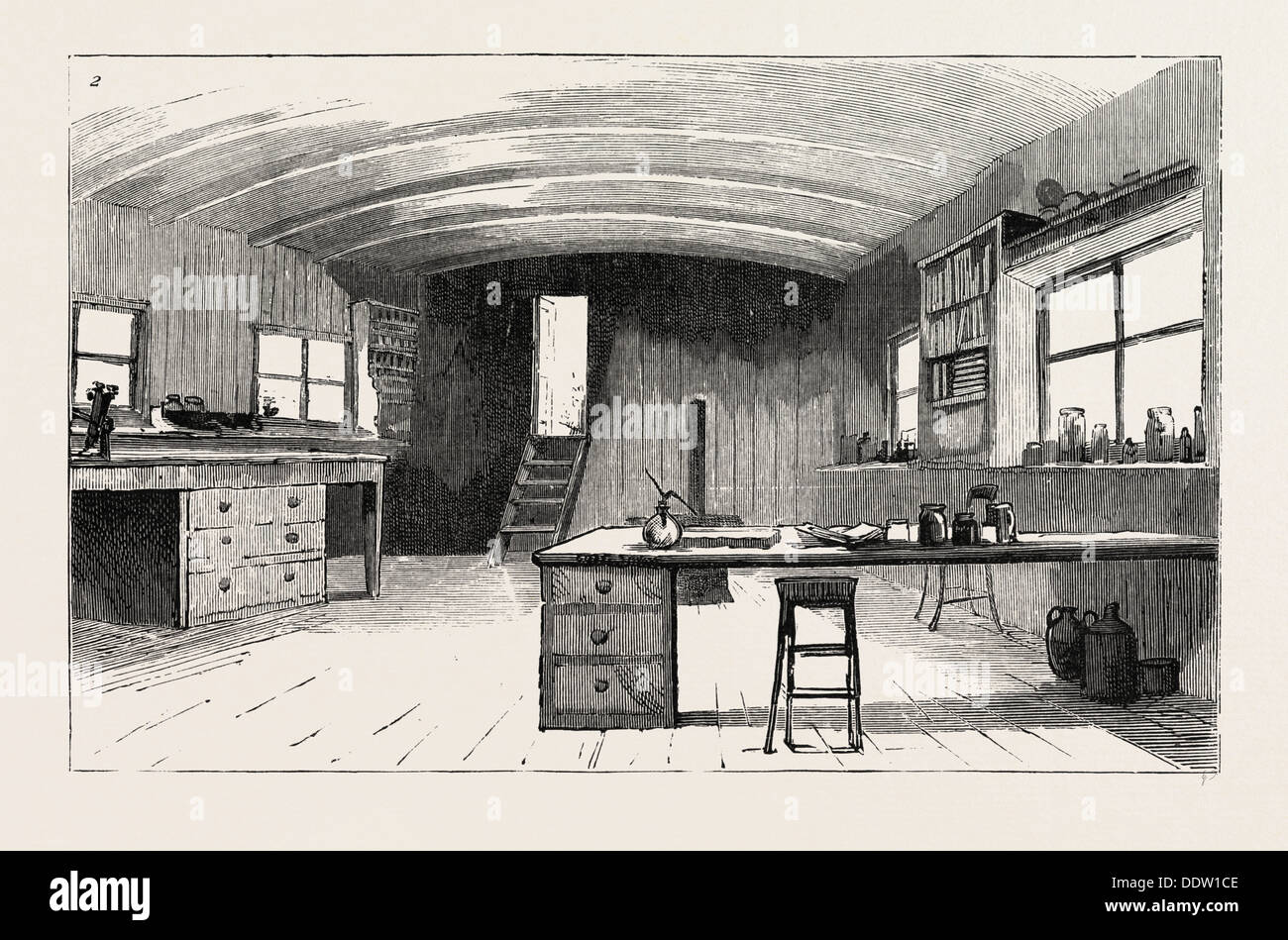GRANTON QUARRY, NEAR EDINBURGH, MICROSCOPE ROOM AND LIBRARY, engraving 1884, UK, britain, british, europe, united kingdom Stock Photo