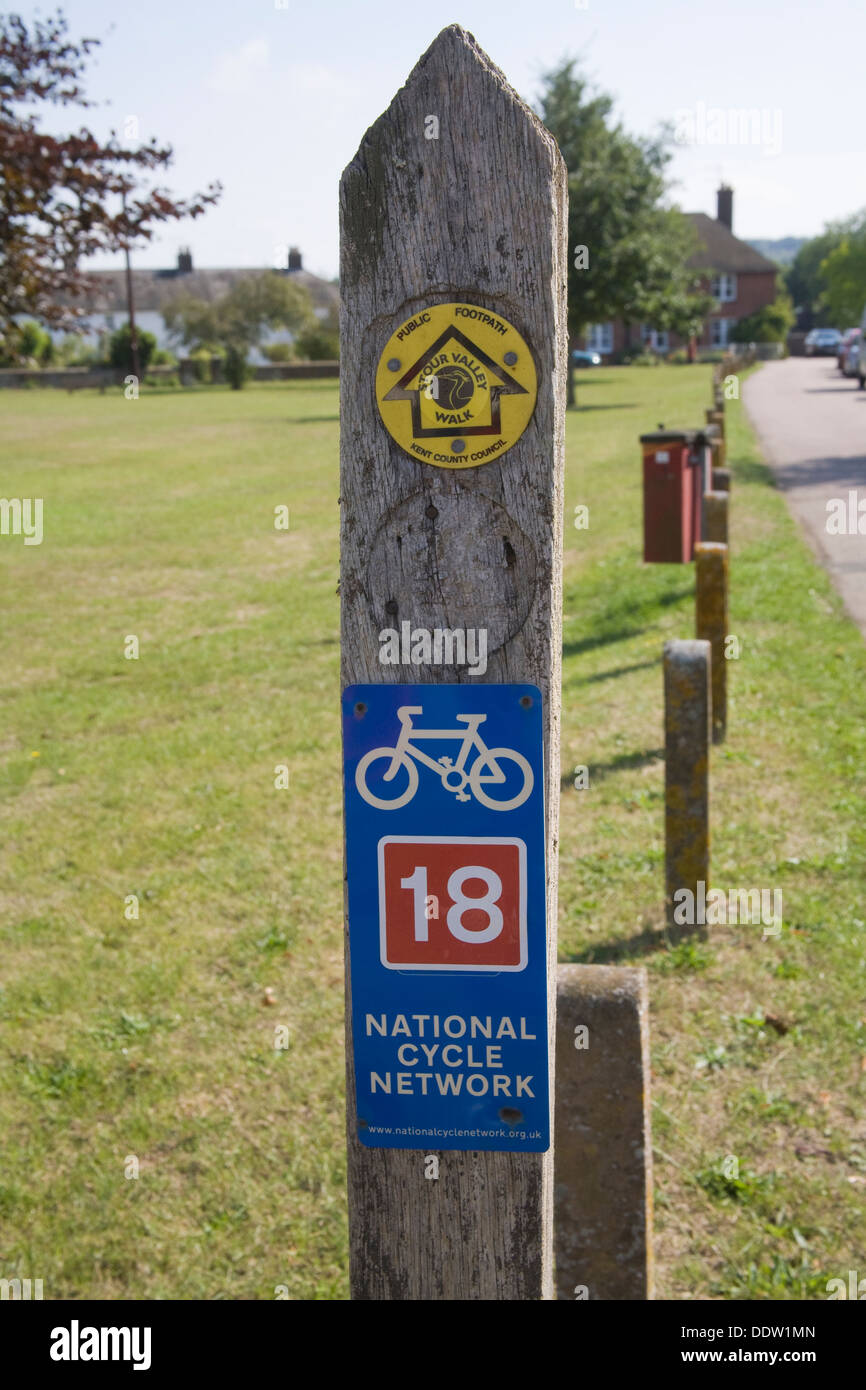 Chartham Kent England UK Signpost for National Cycle Network No 18 and Great Stour Way Walk Stock Photo
