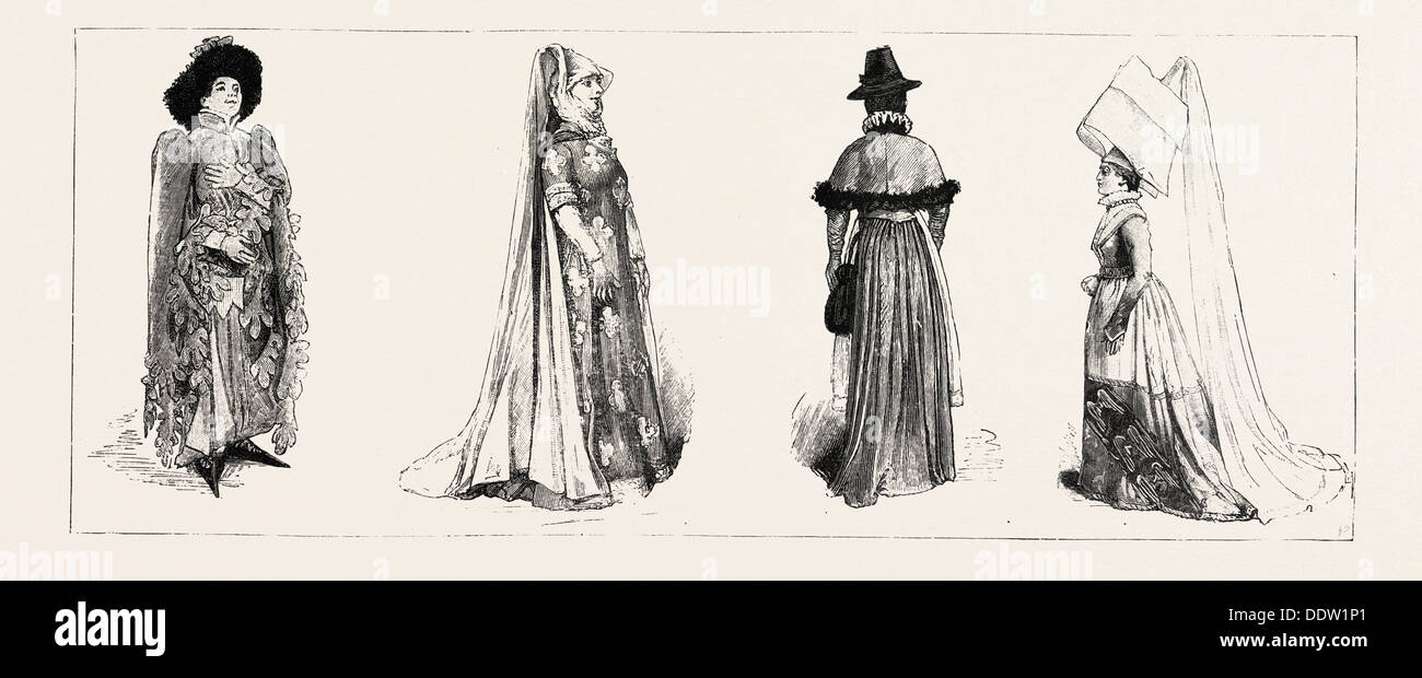 HISTORICAL COSTUMES AT THE INTERNATIONAL EXHIBITION, SOUTH KENSINGTON, LONDON, ENGRAVING 1884, UK, britain, british, europe Stock Photo