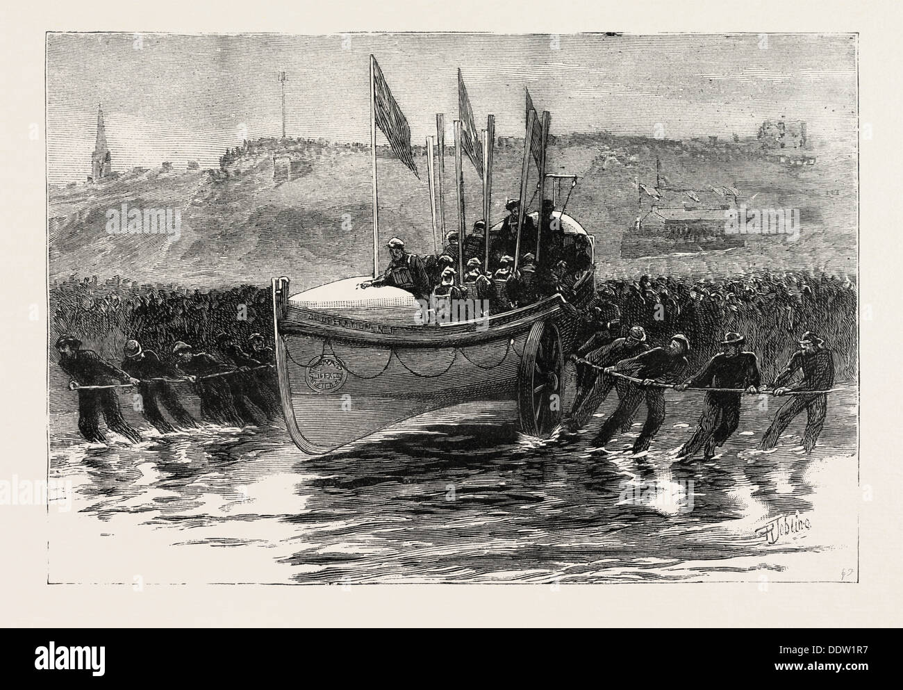 THE LAUNCH OF A NEW LIFEBOAT AT CULLERCOATS  NORTHUMBERLAND, ENGRAVING 1884, UK, britain, british, europe, united kingdom Stock Photo