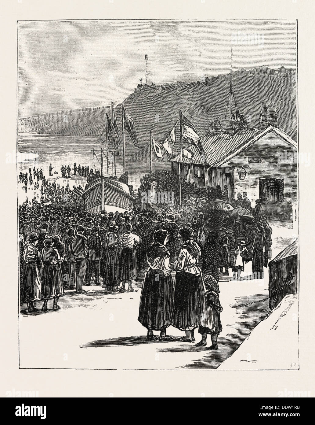 THE RELIGIOUS SERVICE BEFORE THE LAUNCH AT CULLERCOATS  NORTHUMBERLAND, ENGRAVING 1884, UK, britain, british, europe Stock Photo