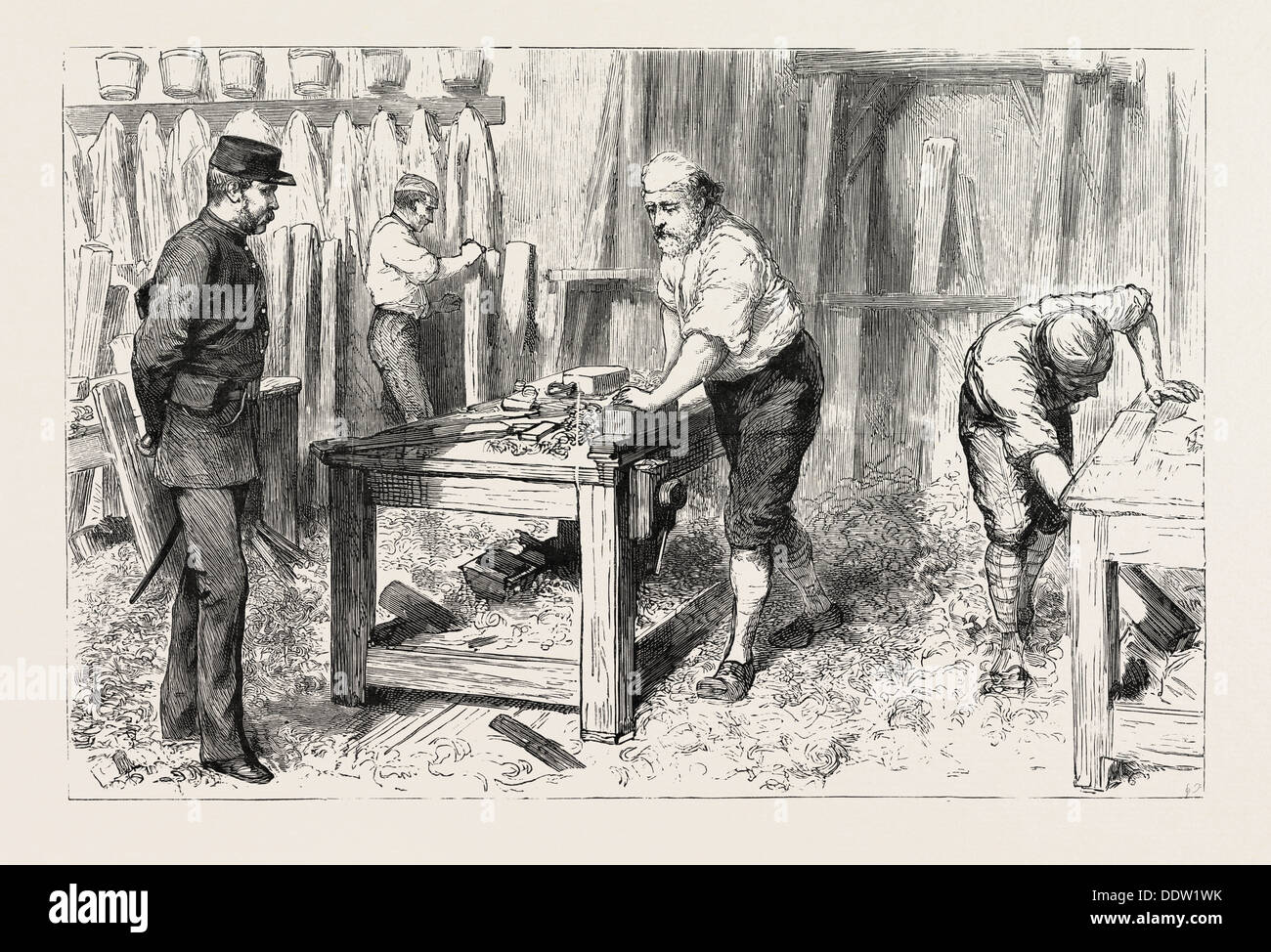 THE CLAIMANT AT WORK IN THE CARPENTERS SHOP,  PORTSMOUTH CONVICT PRISON, ENGRAVING 1884, UK, britain, british, europe Stock Photo