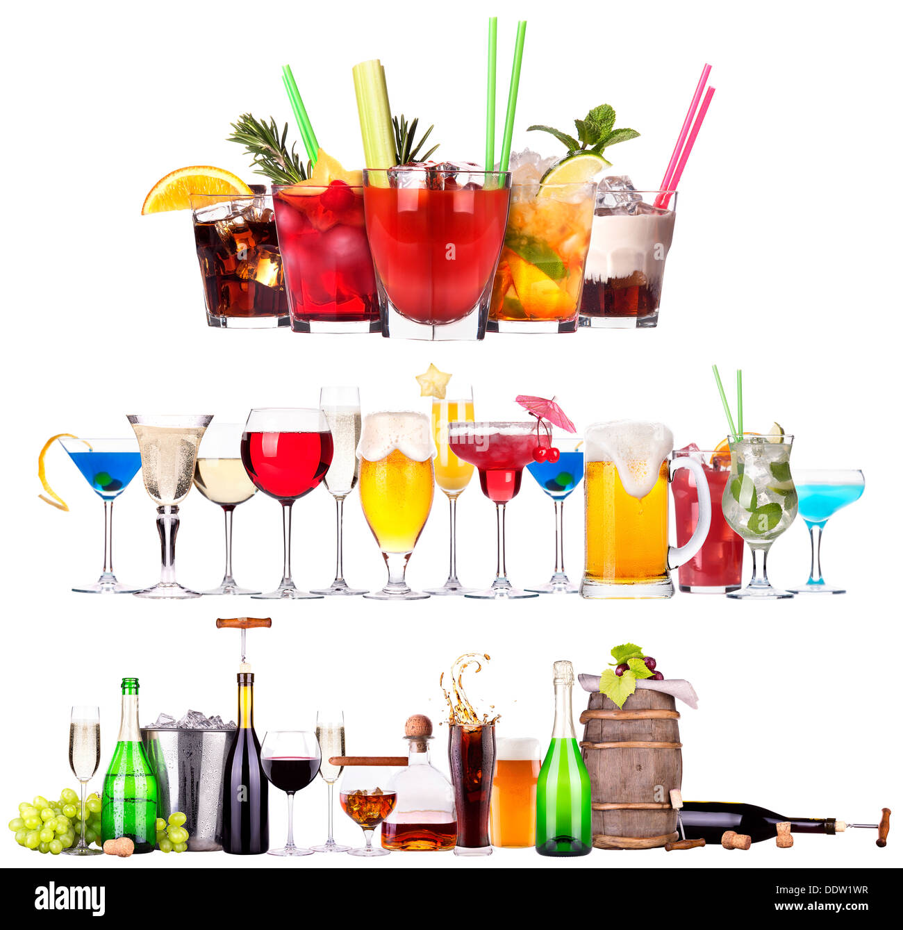 different alcohol drinks set isolated beer, martini, cola, scotch