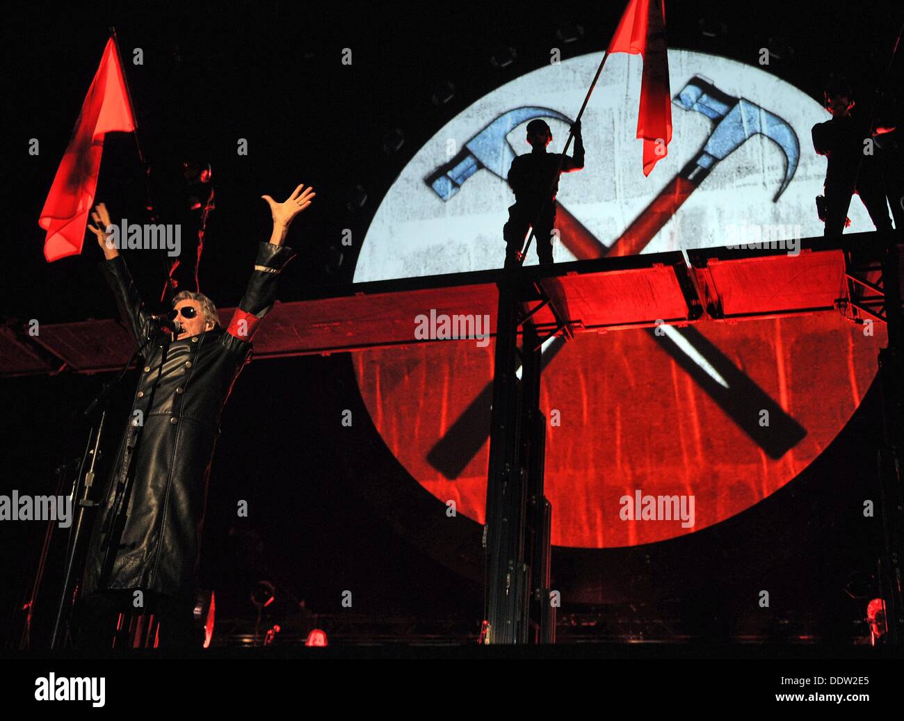 Duesseldorf, Germany. 06th Sep, 2013. British singer Roger Waters stands onstage during his 'The Wall' tour at the Esprit Arena in Duesseldorf, Germany, 06 September 2013. The co-founder of rock group Pink Floyd celebrates his 70th birthday on 06 September. Photo: HENNING KAISER Credit:  dpa picture alliance/Alamy Live News Stock Photo