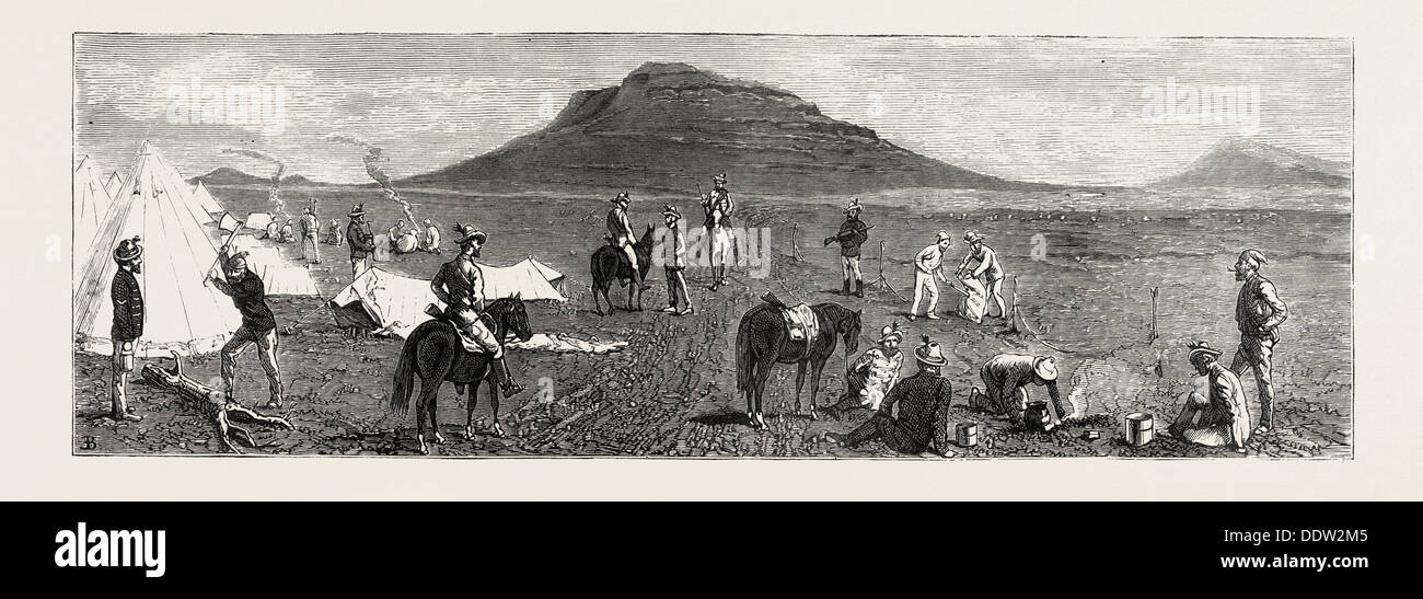 ENCAMPMENT OF BETTINGTON'S HORSE, CONFERENCE HILL, THE ZULU WAR, ENGRAVING 1879 Stock Photo