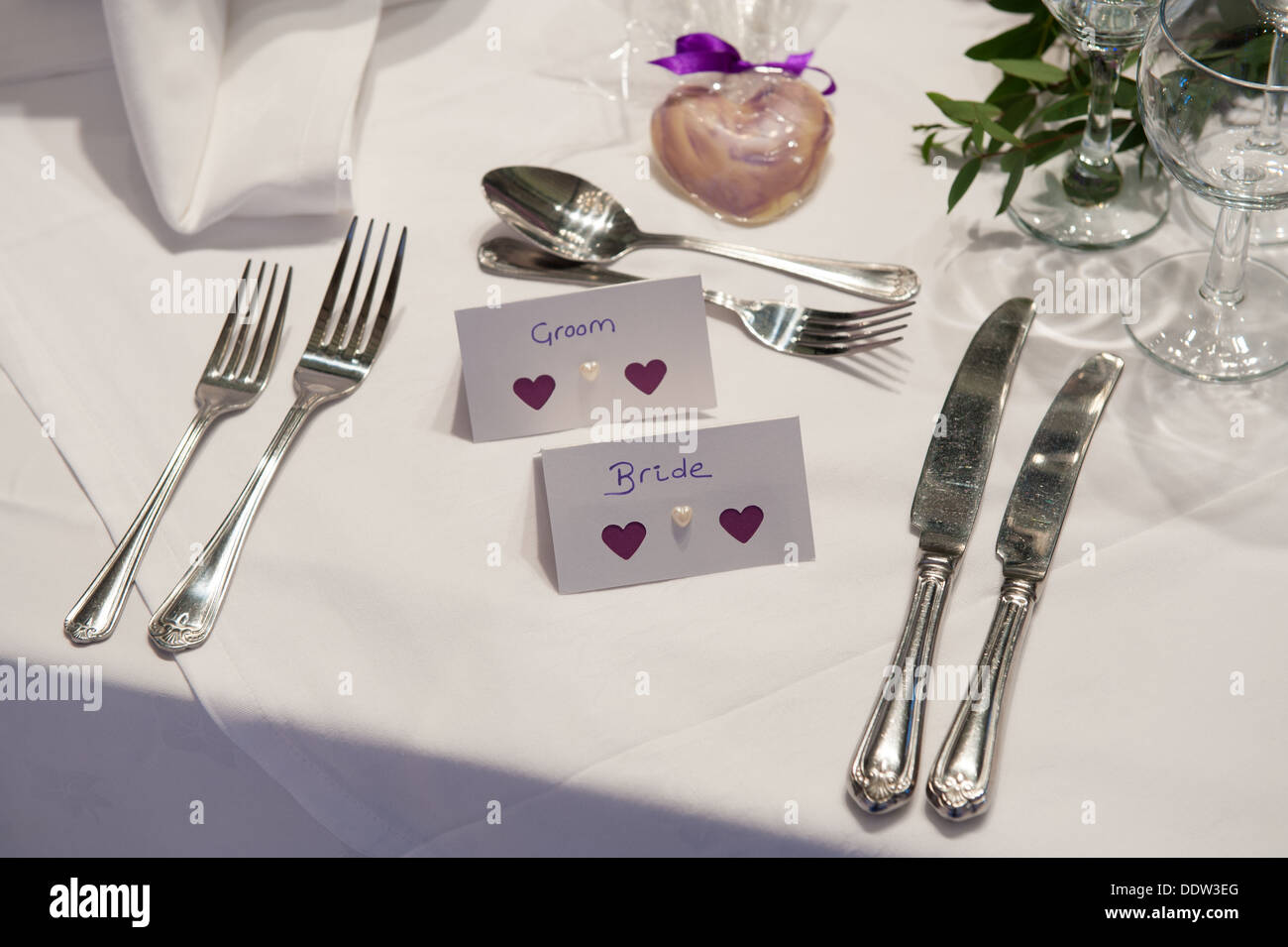 wedding place setting for bride and groom Stock Photo