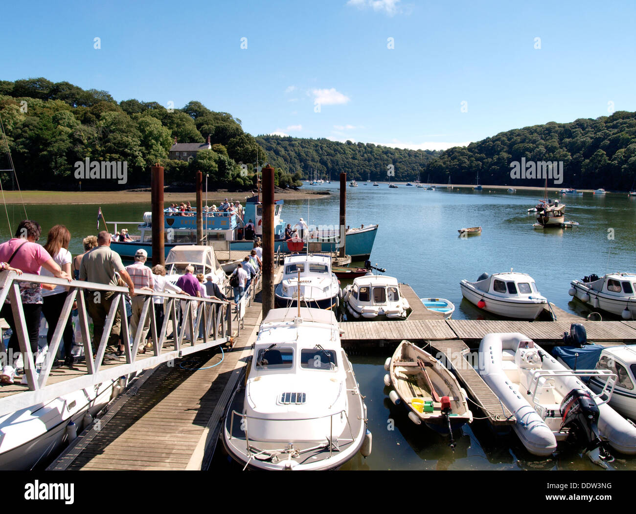 Passengers boarding Enterprise III boat at Malpas, Truro for trip on the River Fal, Cornwall, UK 2013 Stock Photo