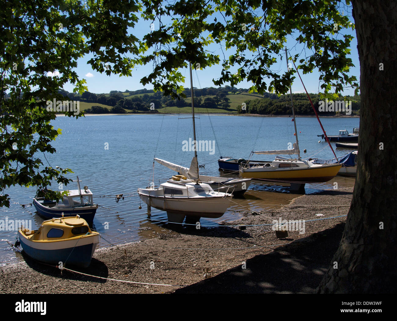 Boats moored along the River Fal, Truro, Cornwall, UK Stock Photo