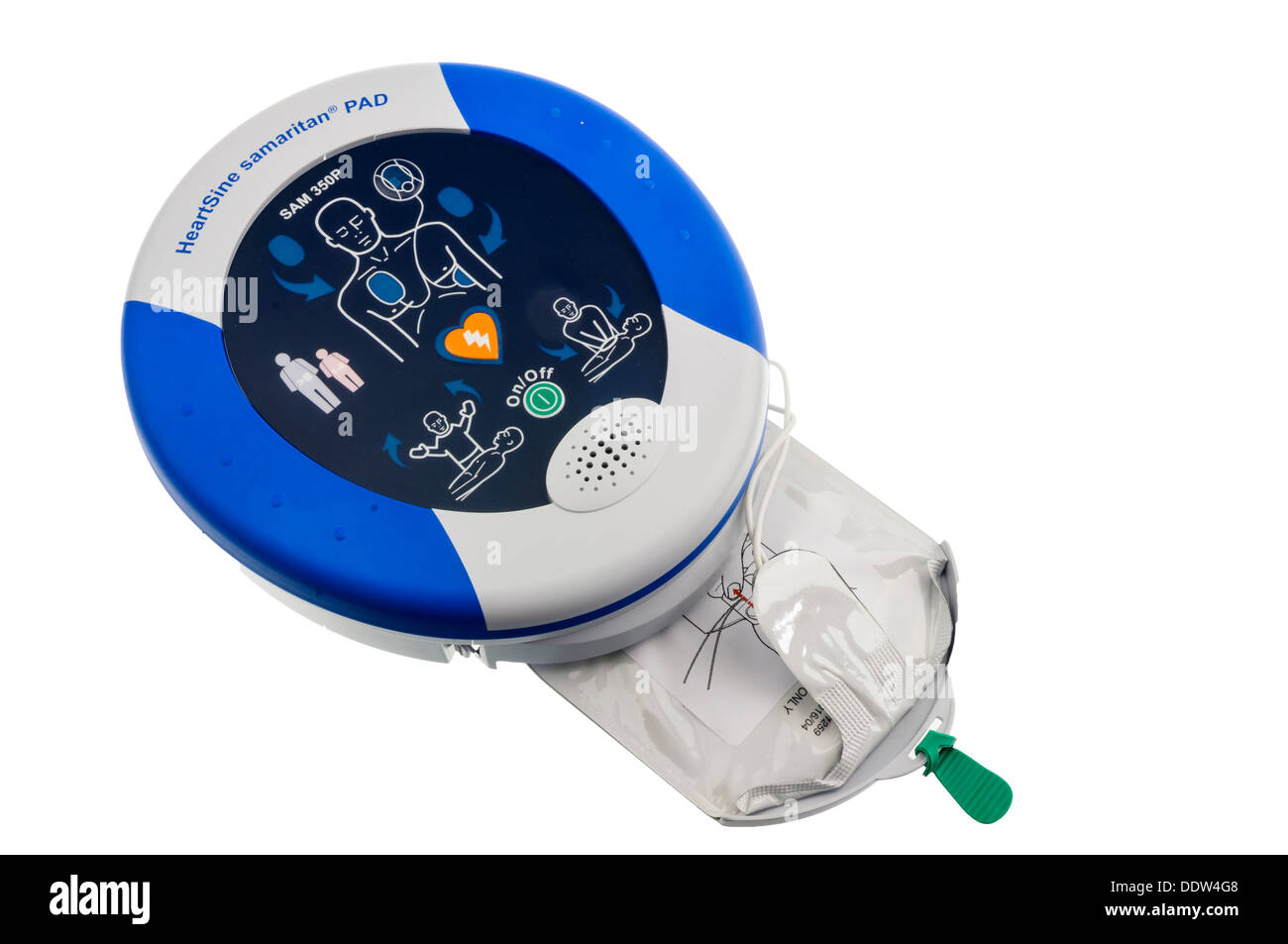 Heartsine SAM350P automatic defibrillator with the pads removed Stock Photo