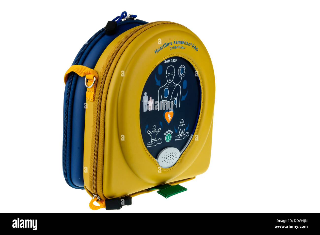 Heartsine SAM350P automatic defibrillator in a yellow case Stock Photo