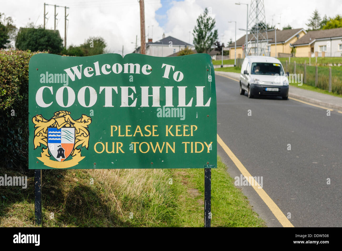 Sign welcoming visitors to Cootehill, Ireland Stock Photo