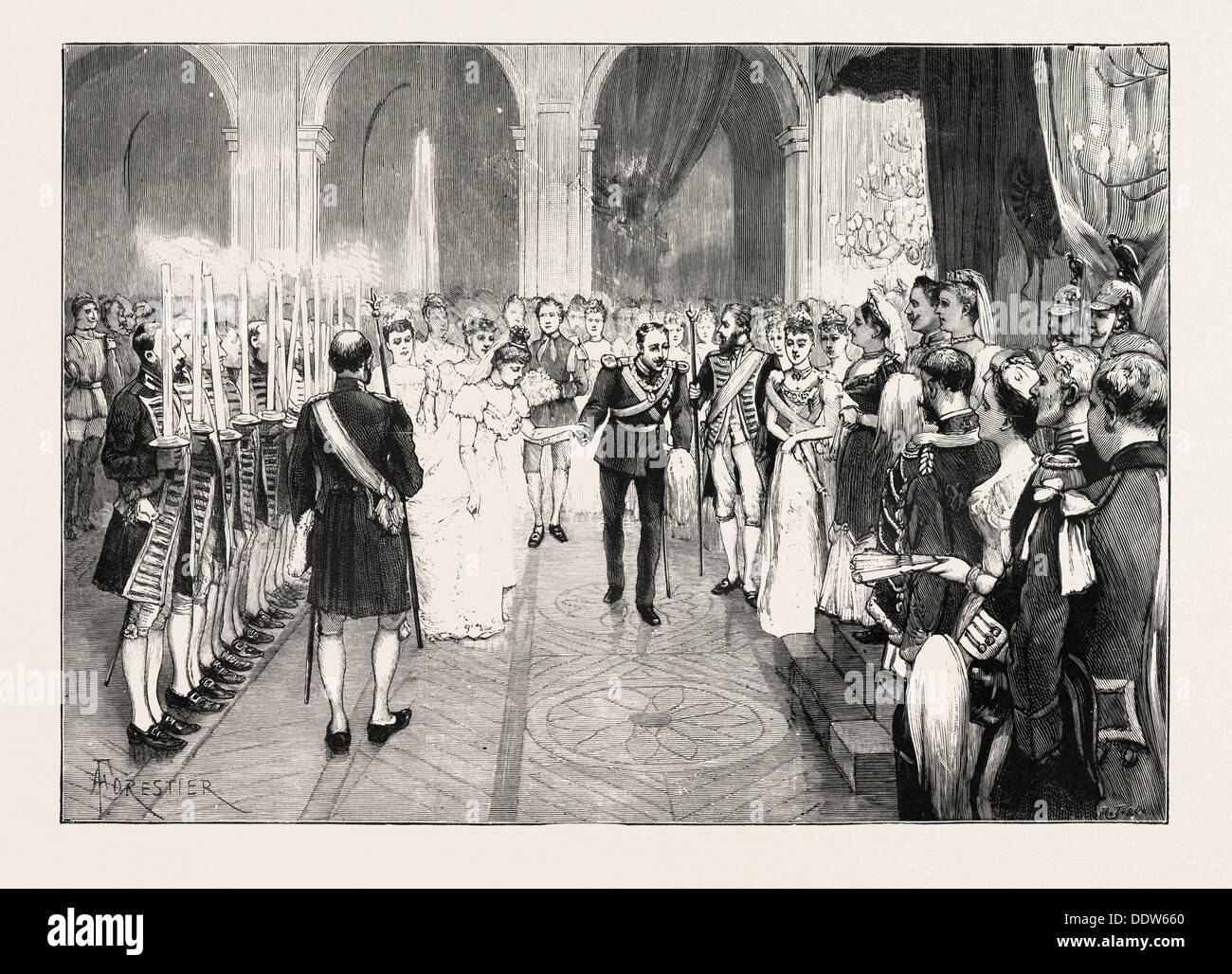 THE ROYAL MARRIAGE AT BERLIN, GERMANY: TORCH-DANCE AT THE ROYAL PALACE; PRINCE FREDERICK CHARLES OF HESSE AND PRINCESS MARGARET Stock Photo