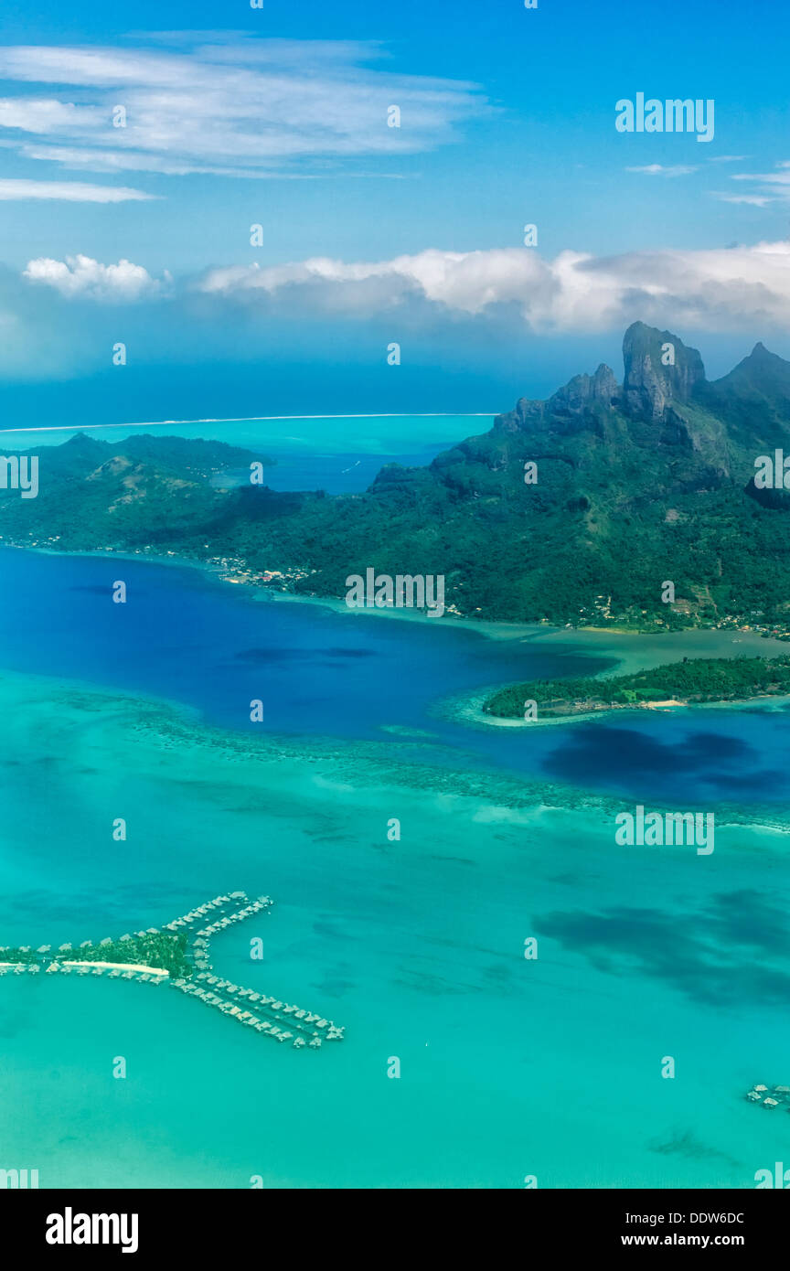 View of Bora Bora from the air with bungalows over water and Mt Otemanu. French Polynesia Stock Photo