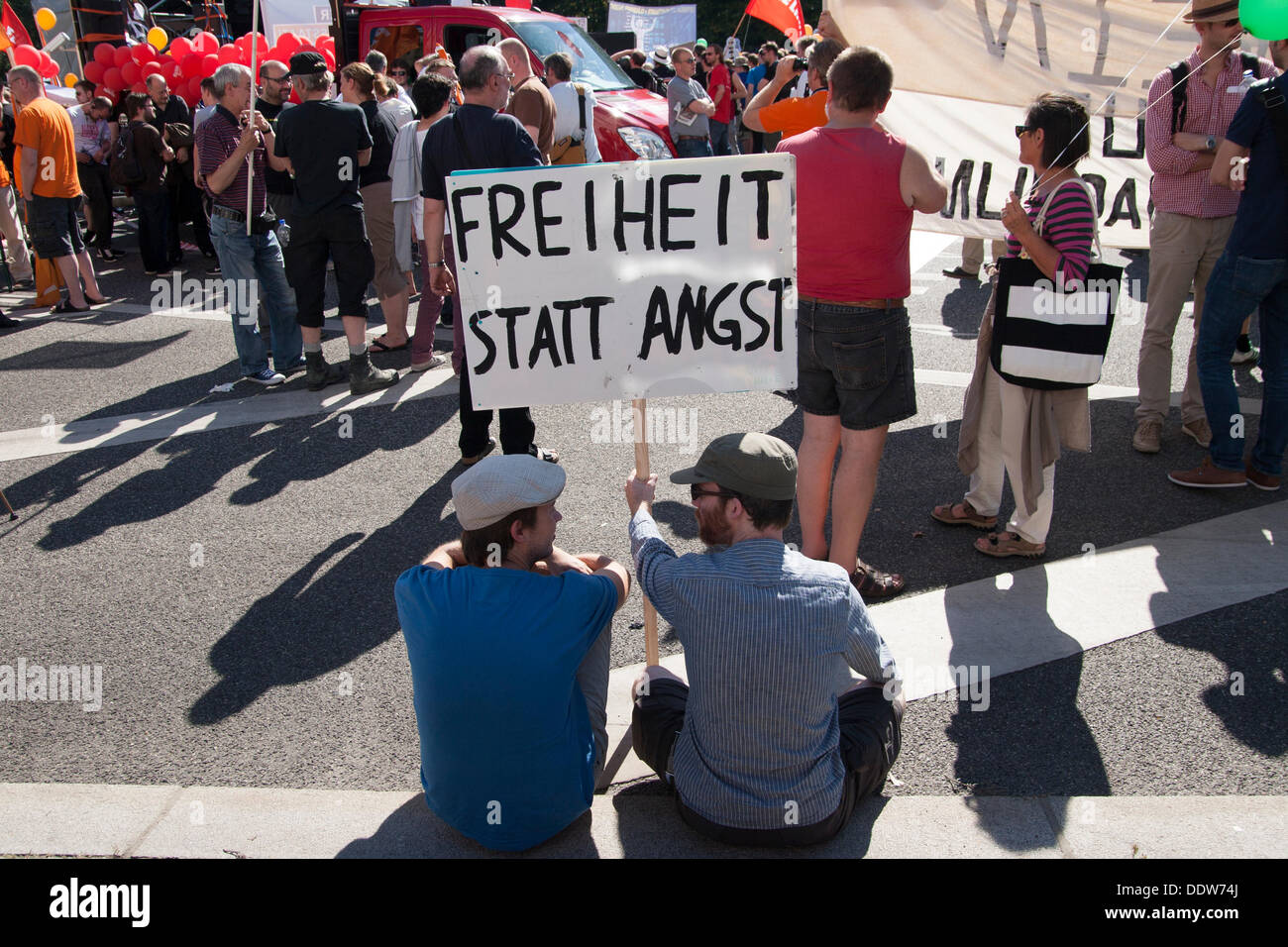 Berlin, Germany. 07th Sep, 2013. Freiheit statt Angst 2013: Annual Demonstration against surveillance in Berlin. Stock Photo
