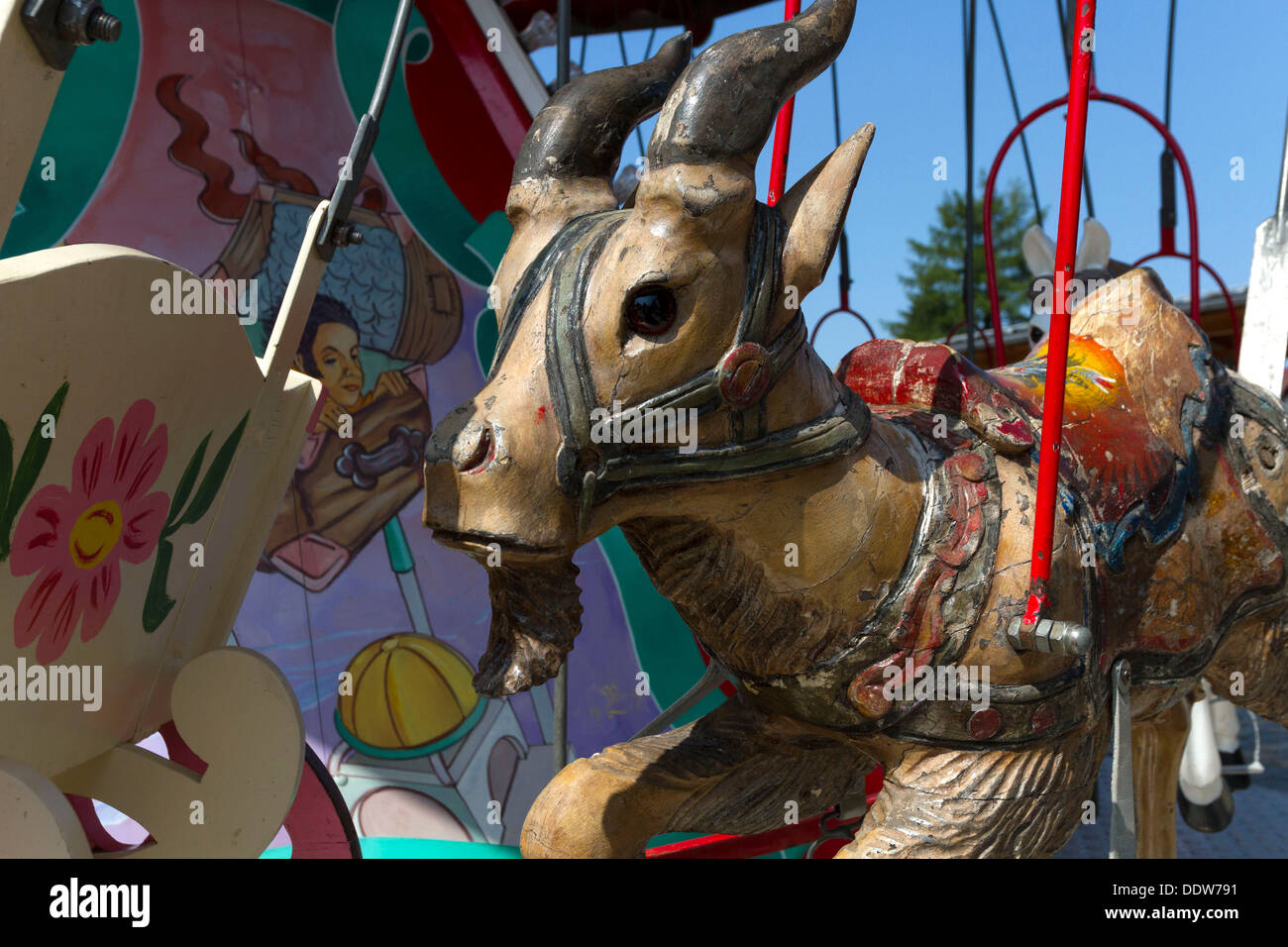 Old Deer Carousel, Merry Go Round, Chiemgau Upper Bavaria Germany Stock Photo