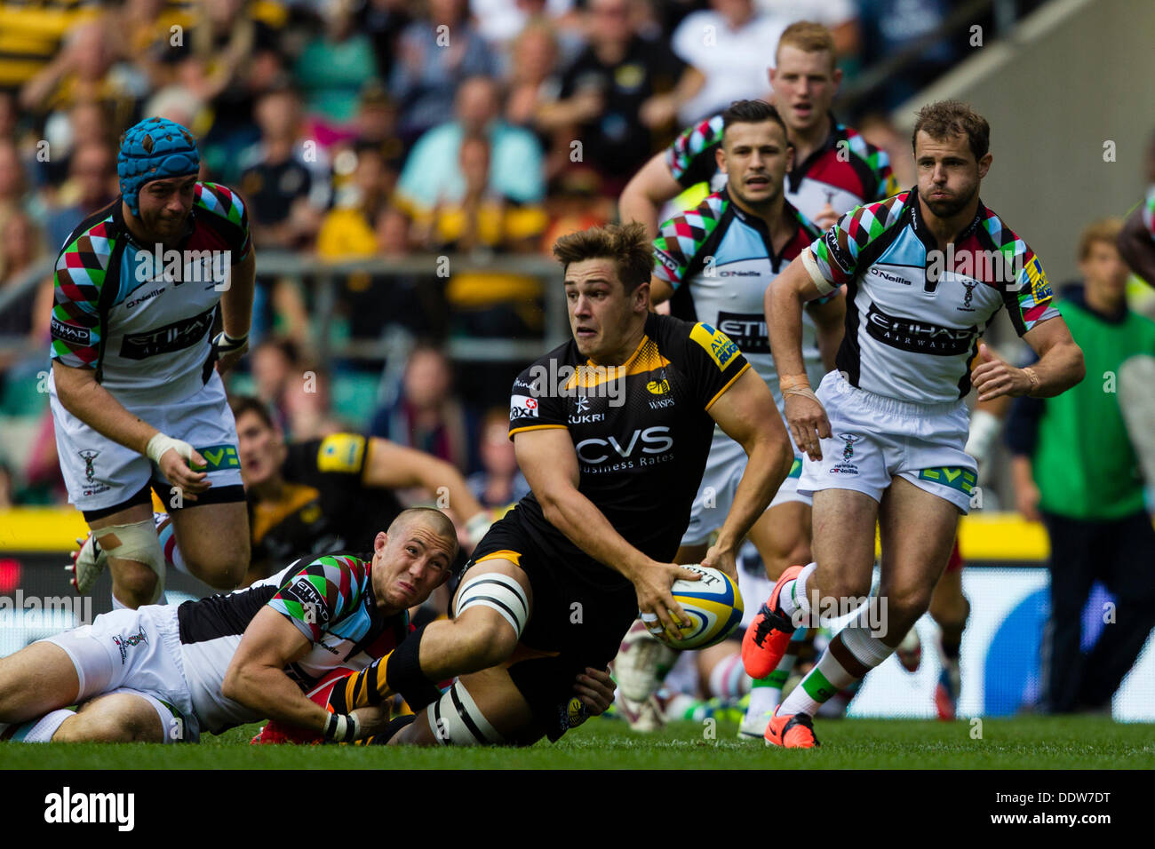 London, UK. 07th Sep, 2013. Action from London Wasps vs Harlequins in the Aviva Premiership London Double Header match played at Twickenham Stadium, London. Credit:  Graham Wilson/Alamy Live News Stock Photo