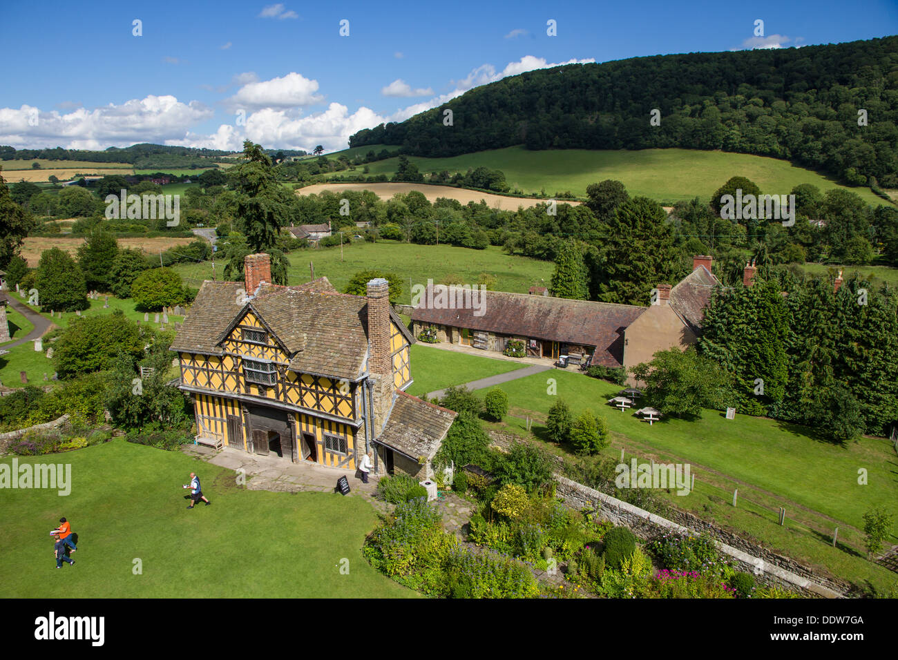 View from the South Tower at Stokesay Castle in Shropshire. The best preserved fortified medieval manor house in England. Stock Photo