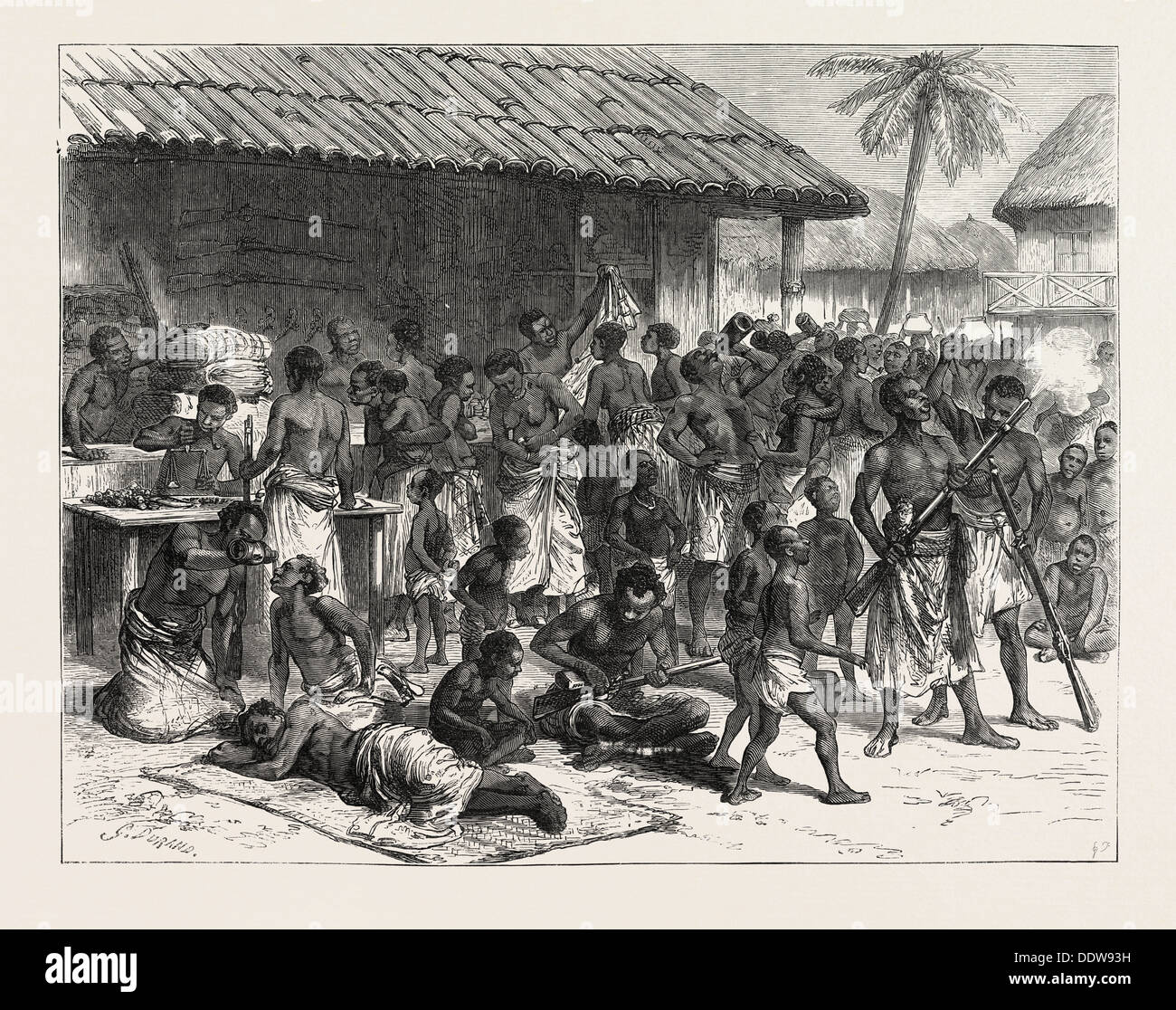 THE ASHANTI WAR: ASHANTEES BUYING MUSKETS WITH GOLD DUST AT ASSINEE, GHANA, 1890 engraving Stock Photo