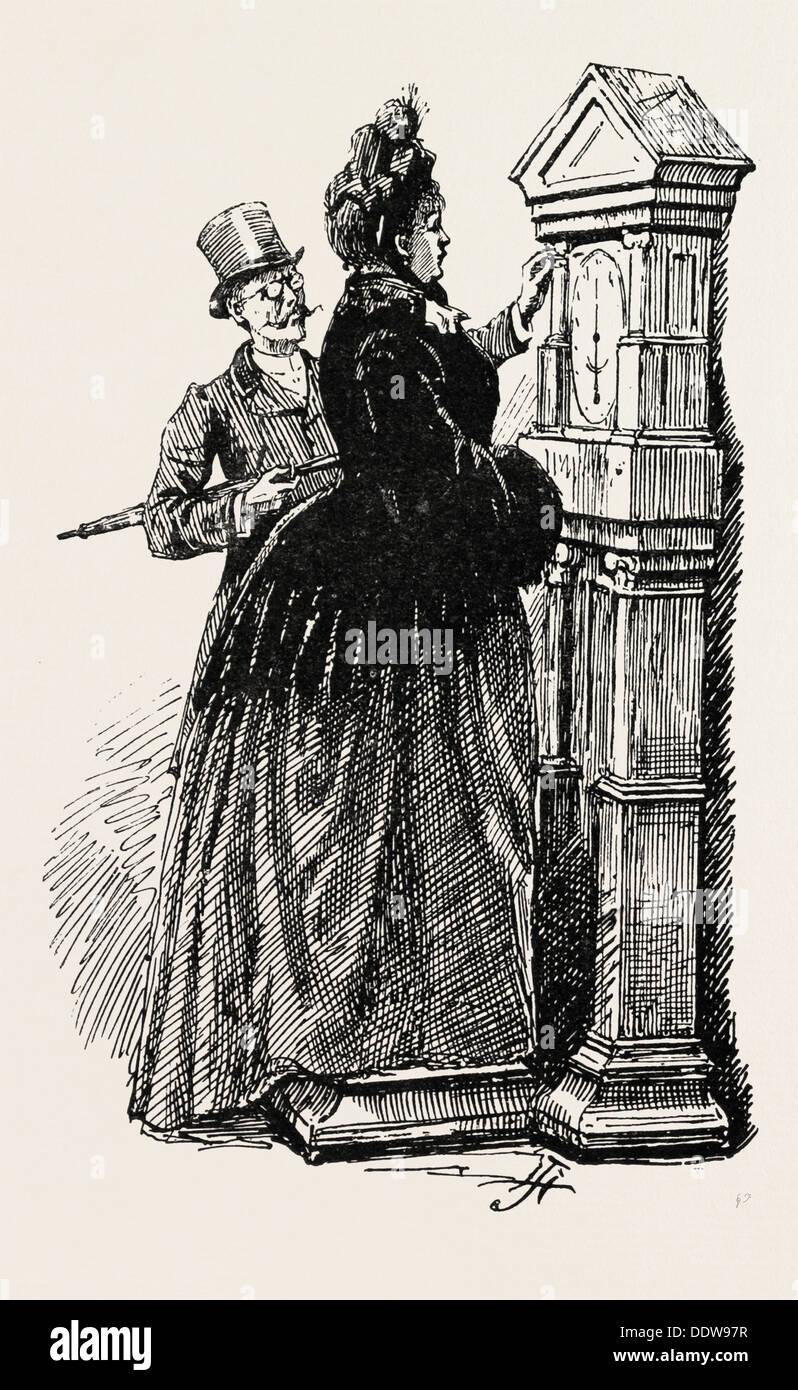 AT THE RAILWAY STATION: HIS BETTER HALF, 1890 engraving Stock Photo